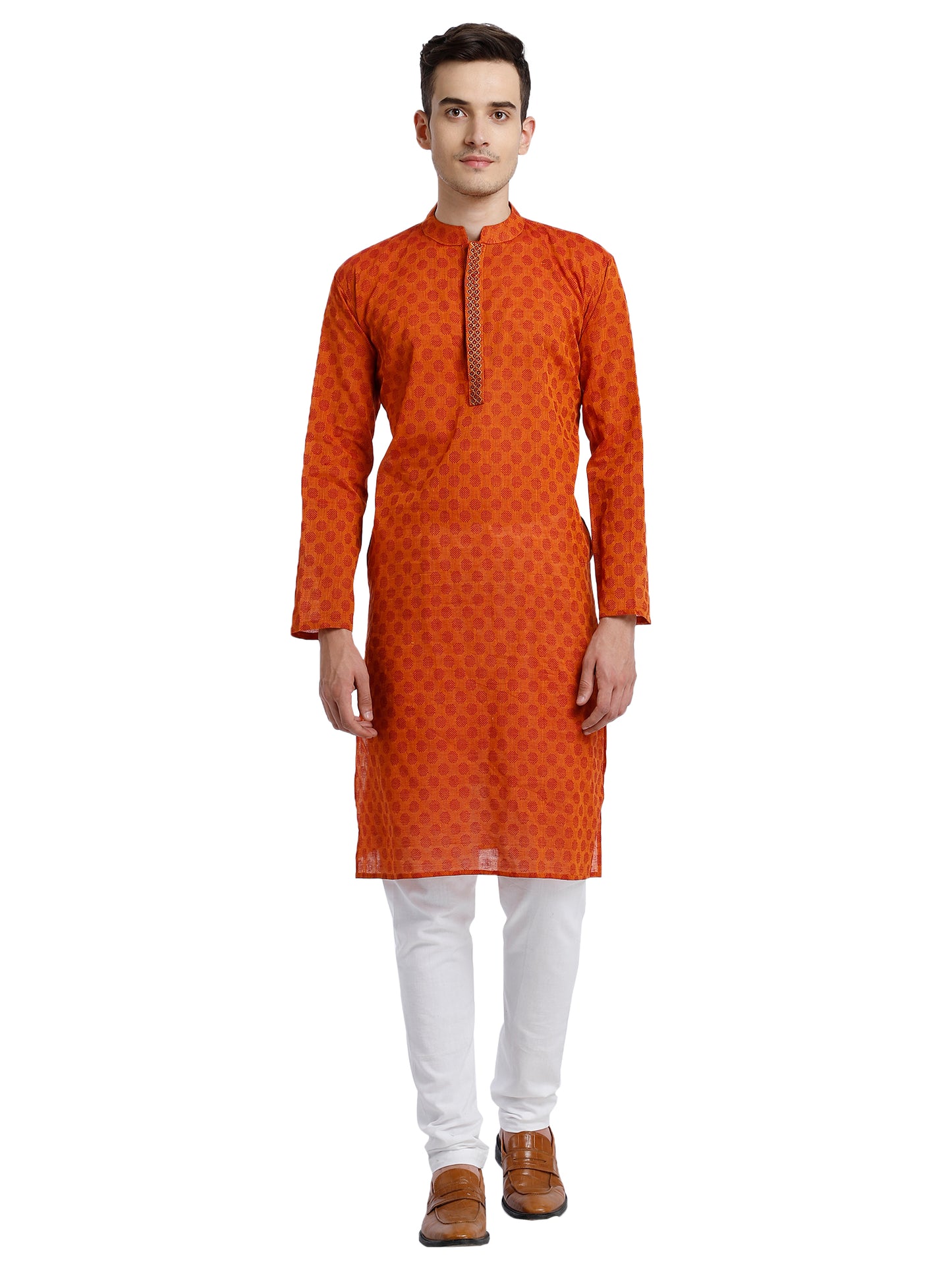 PAROKSH Men Orange & Beige Woven Design Cotton Thread Work Handloom Kurta