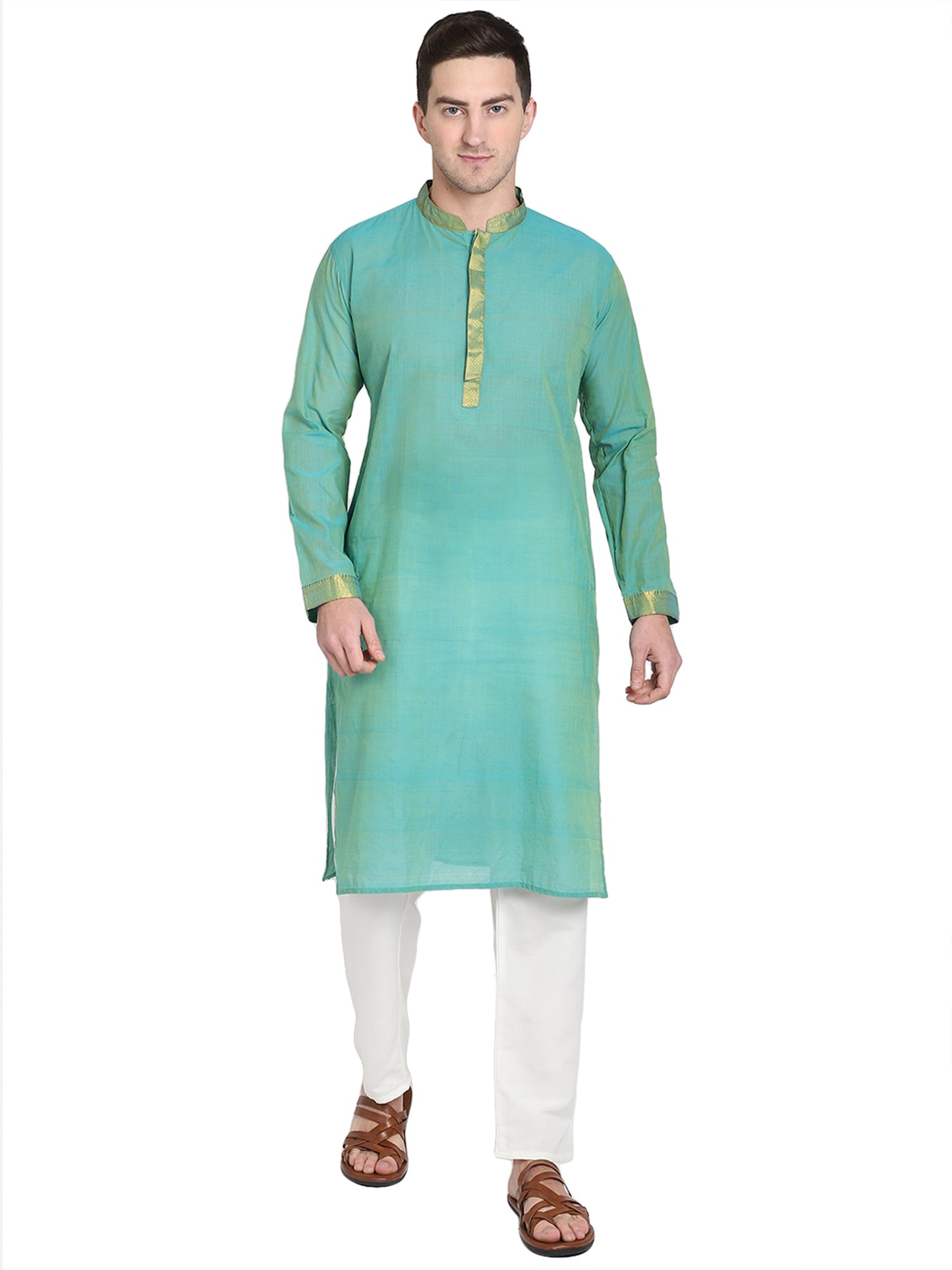 PAROKSH Men's Embroidered Mint Handloom Long Cotton Ethnic Kurta