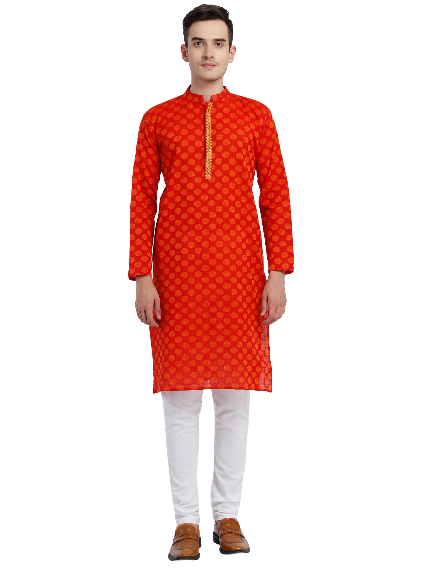PAROKSH Men Pink & Beige Woven Design Cotton Thread Work Handloom Kurta