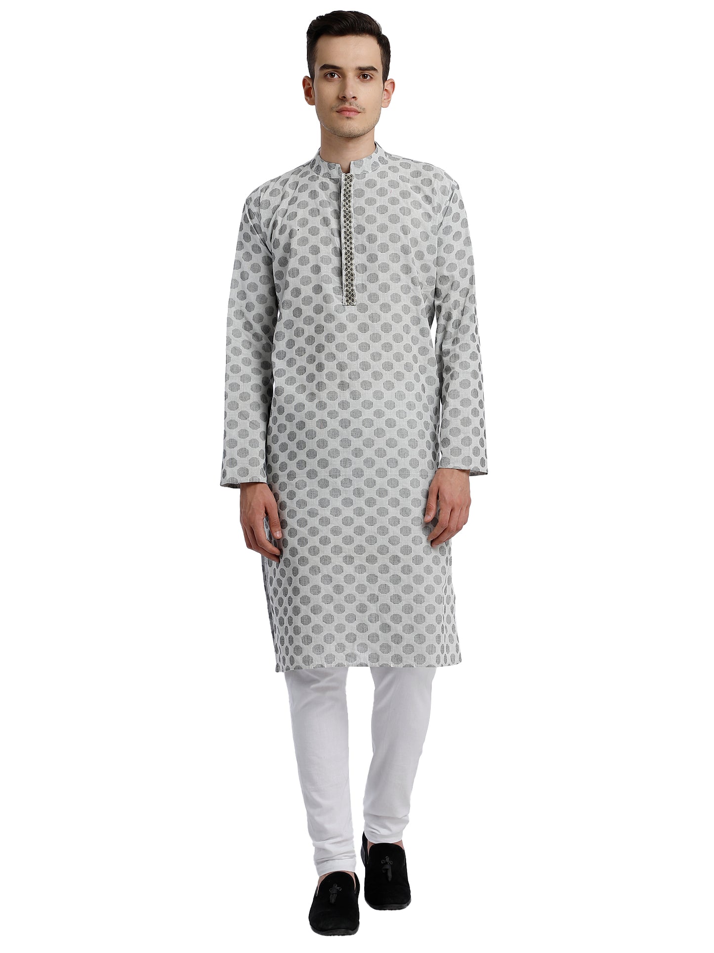 PAROKSH Men White & Beige Woven Design Cotton Thread Work Handloom Kurta