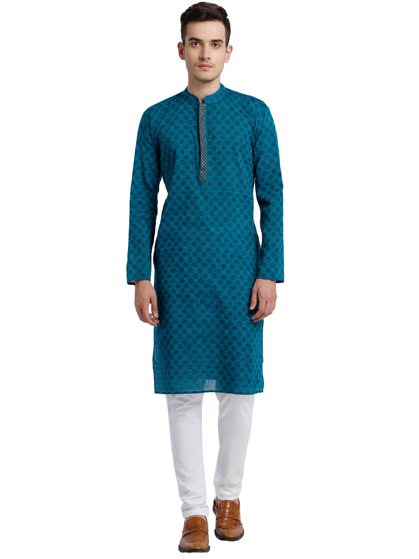 PAROKSH Men Sea Green & Beige Woven Design Cotton Thread Work Handloom Kurta