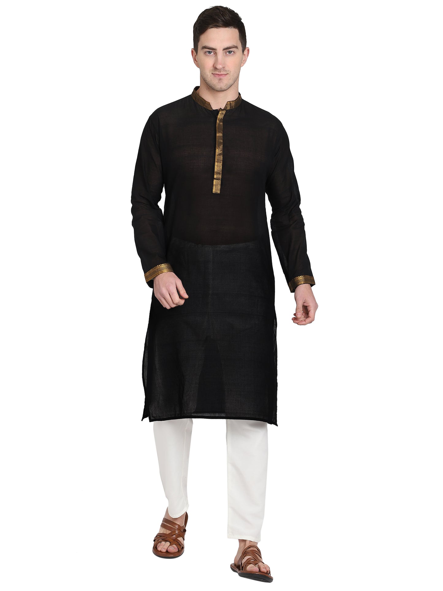 Paroksh Men's Black Self Design Pure Cotton Straight Kurta