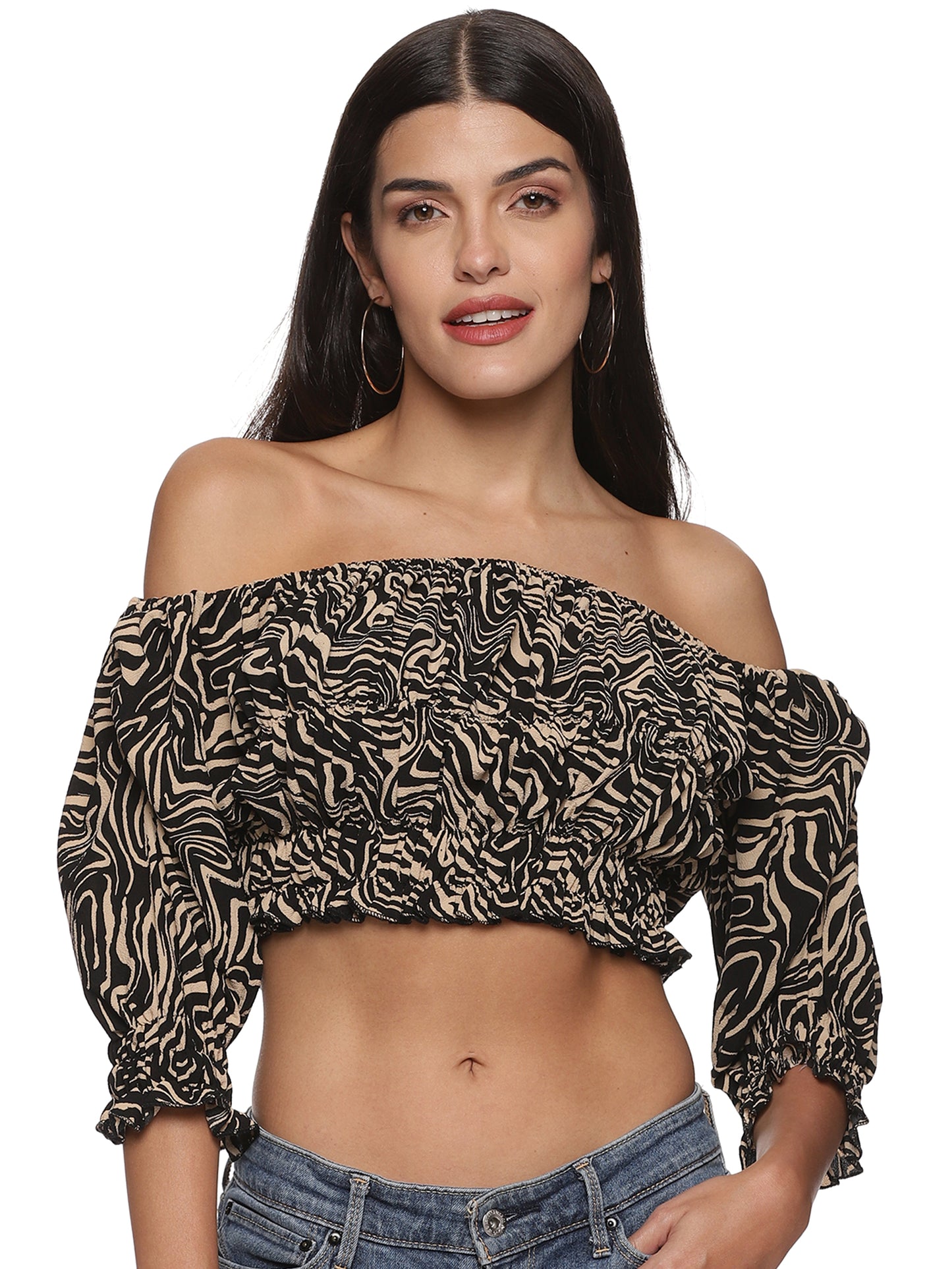 SAHORA Cream Off-Shoulder Crepe Blouson Crop Top