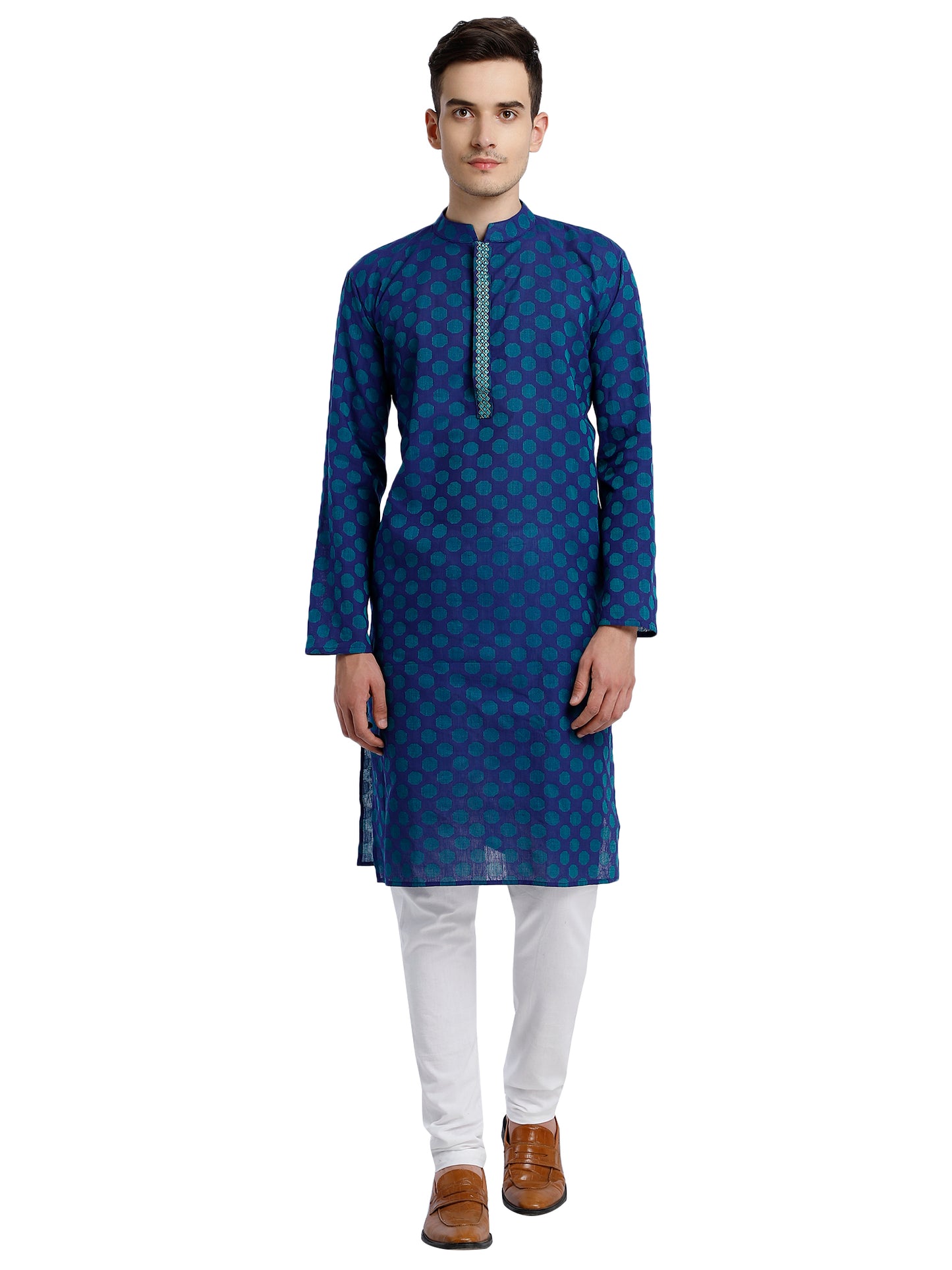 PAROKSH Men Blue & Beige Woven Design Cotton Thread Work Handloom Kurta