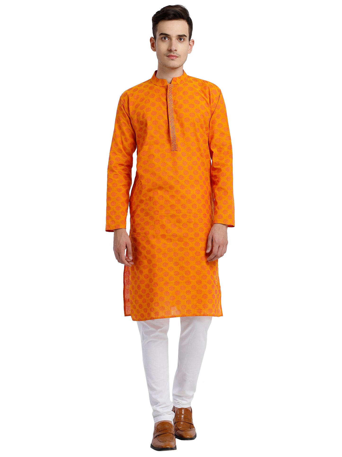 PAROKSH Men Mustard & Beige Woven Design Cotton Thread Work Handloom Kurta
