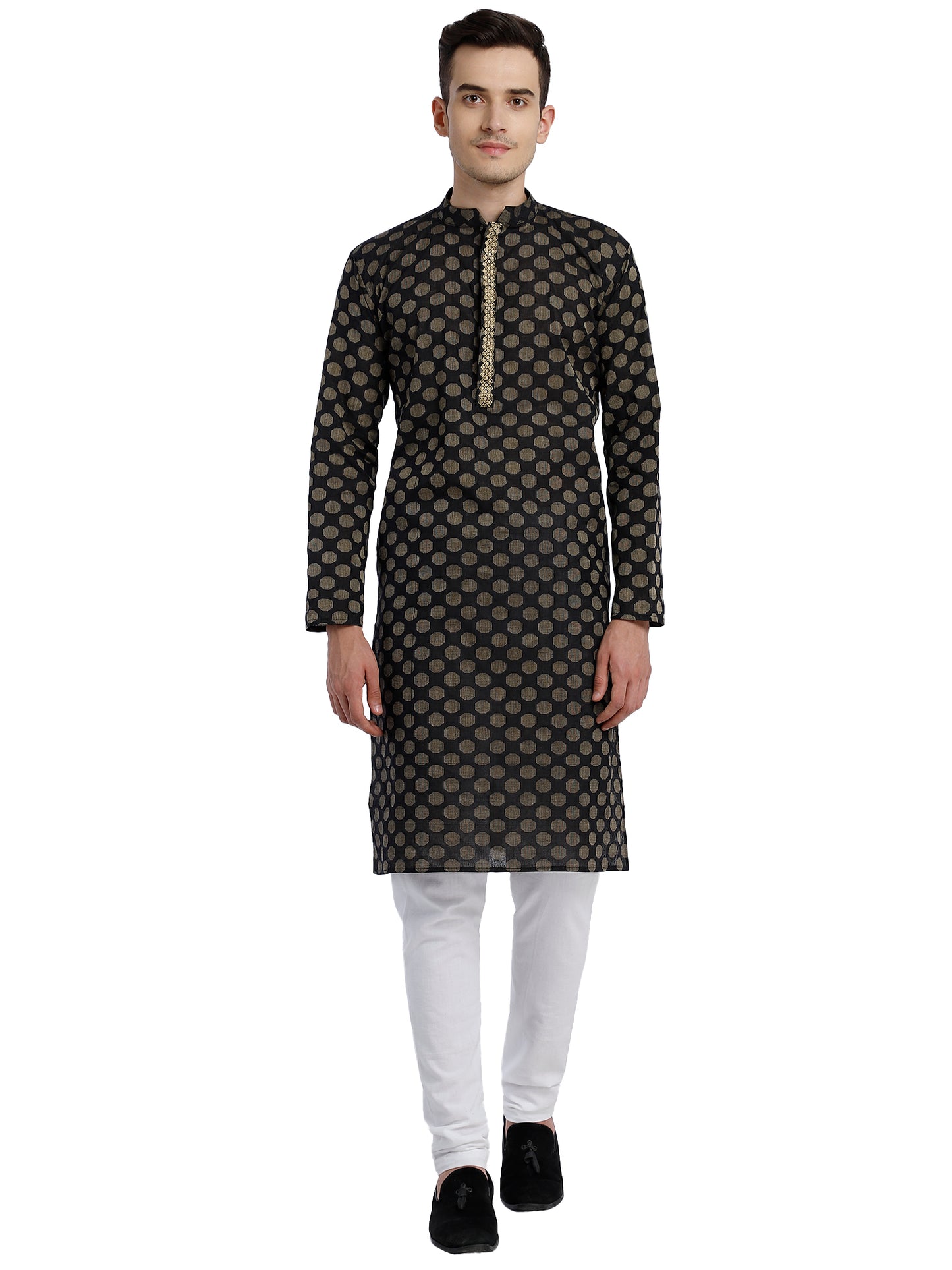 PAROKSH Men Black & Beige Woven Design Cotton Thread Work Handloom Kurta