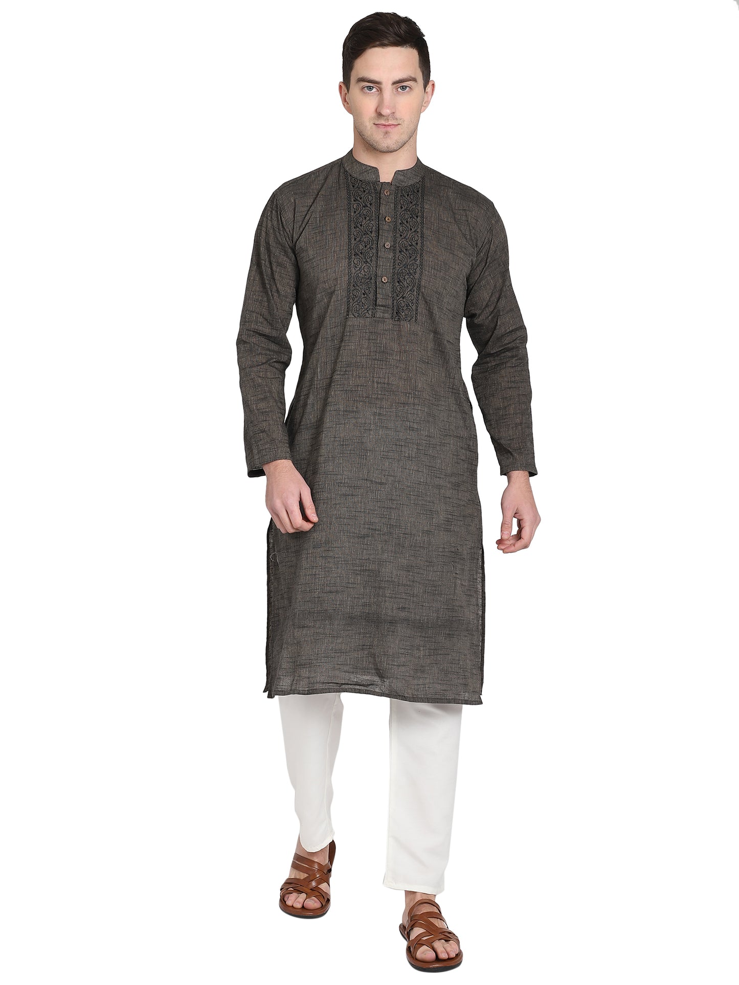 PAROKSH Men's Brown mangalgiri Handloom Cotton Straight Embroidered Long Ethnic Kurta