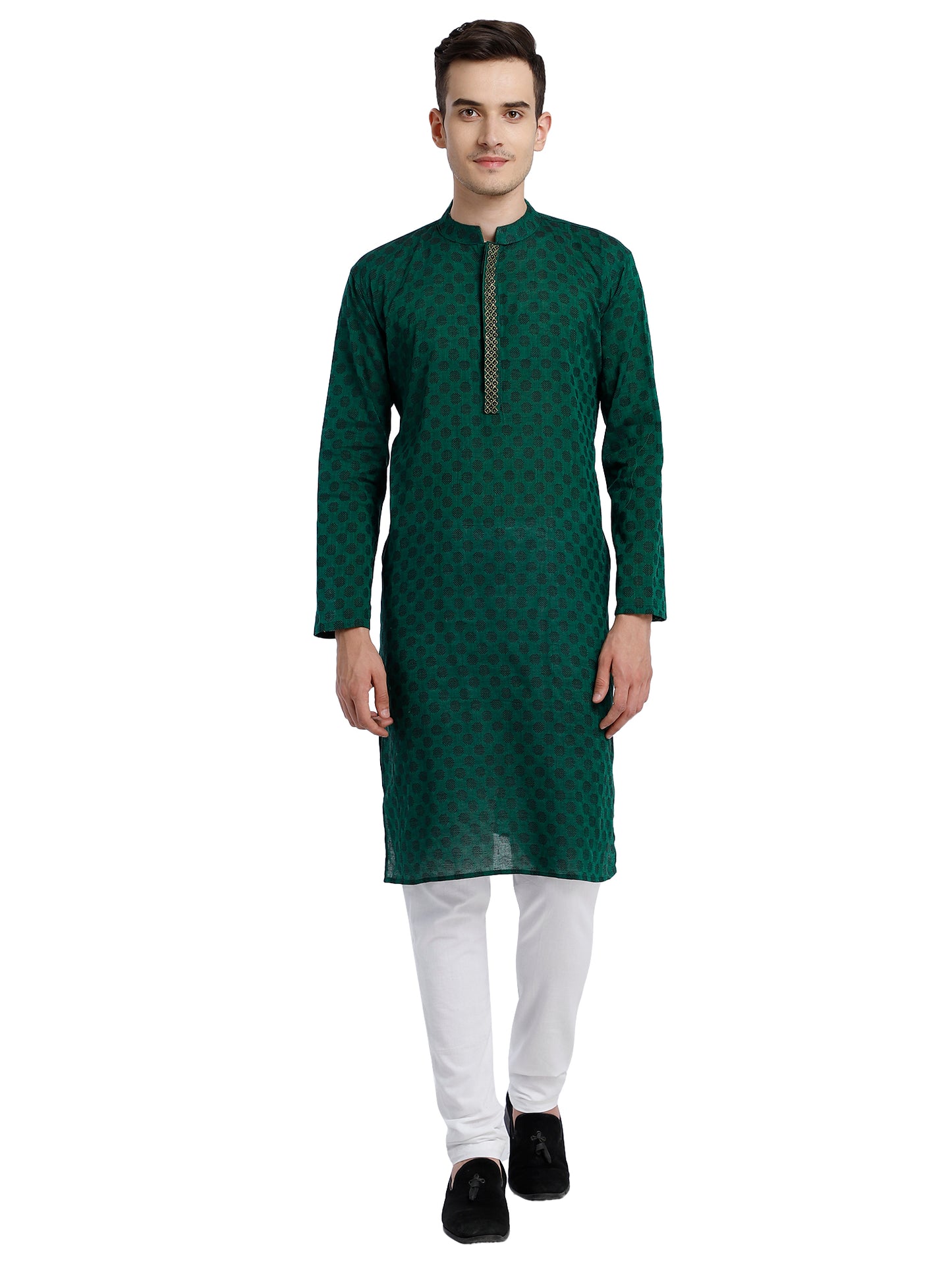 PAROKSH Men Green & Black Woven Design Cotton Thread Work Handloom Kurta