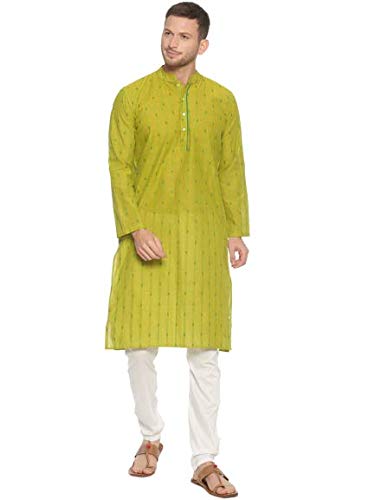 PAROKSH Men Green Ethnic Motifs Pure Cotton Embroidered Thread Work Kurta