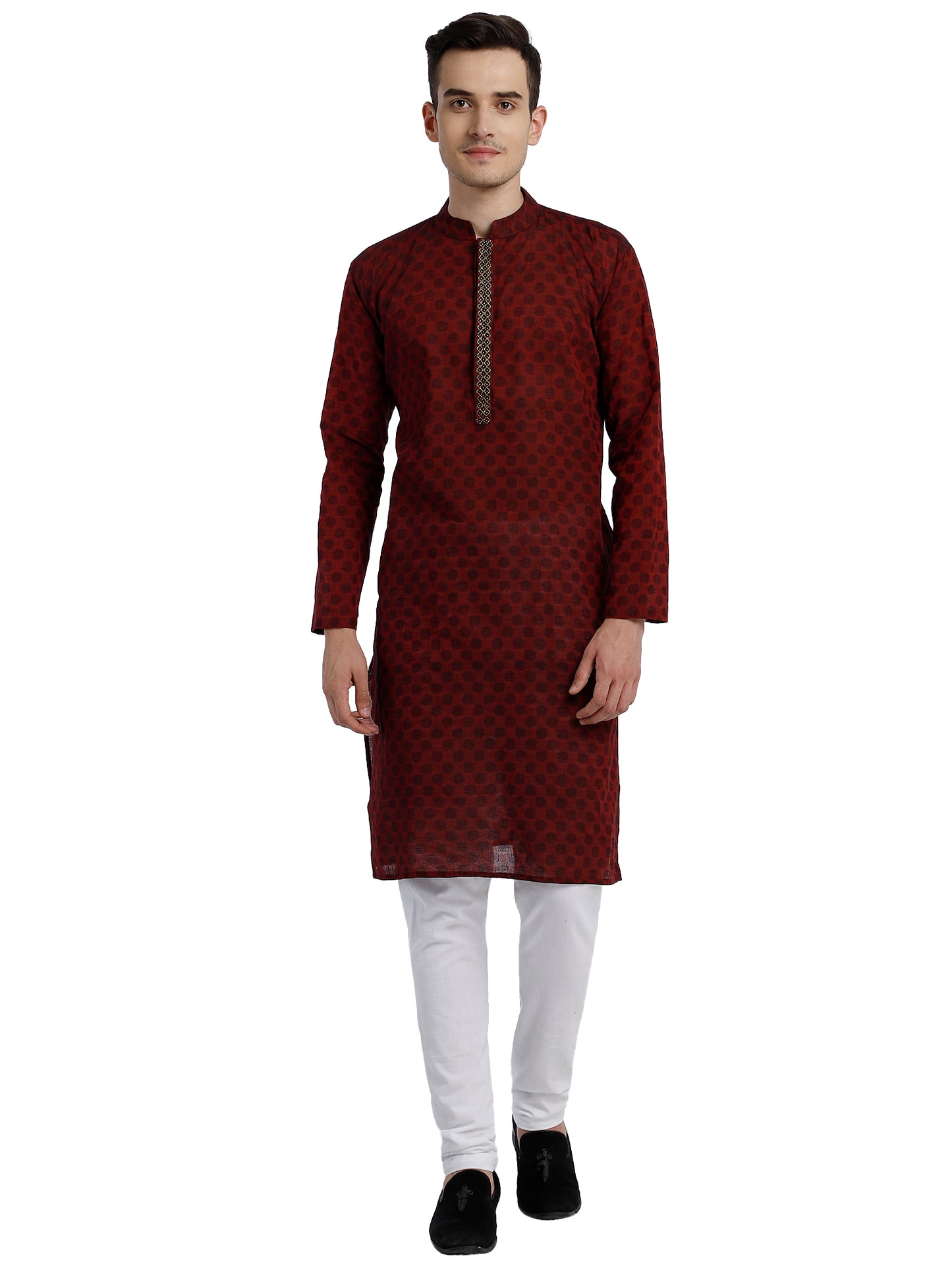 PAROKSH Men Maroon & Beige Woven Design Cotton Thread Work Handloom Kurta