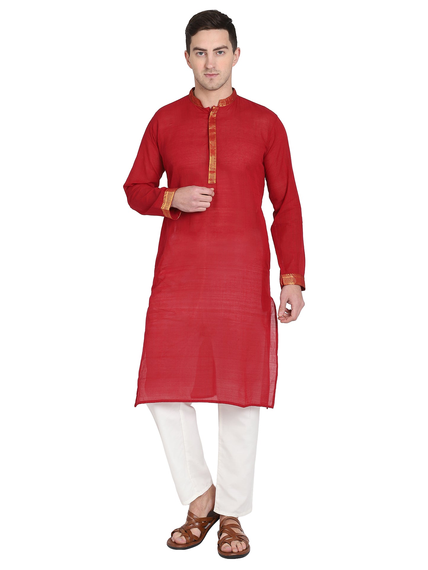 PAROKSH Men Self Design Maroon Pure Cotton Straight Kurta