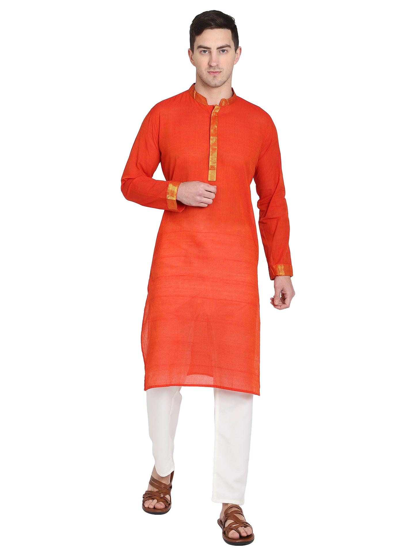 PAROKSH Men's Orange Self Design Pure Cotton Straight Kurta