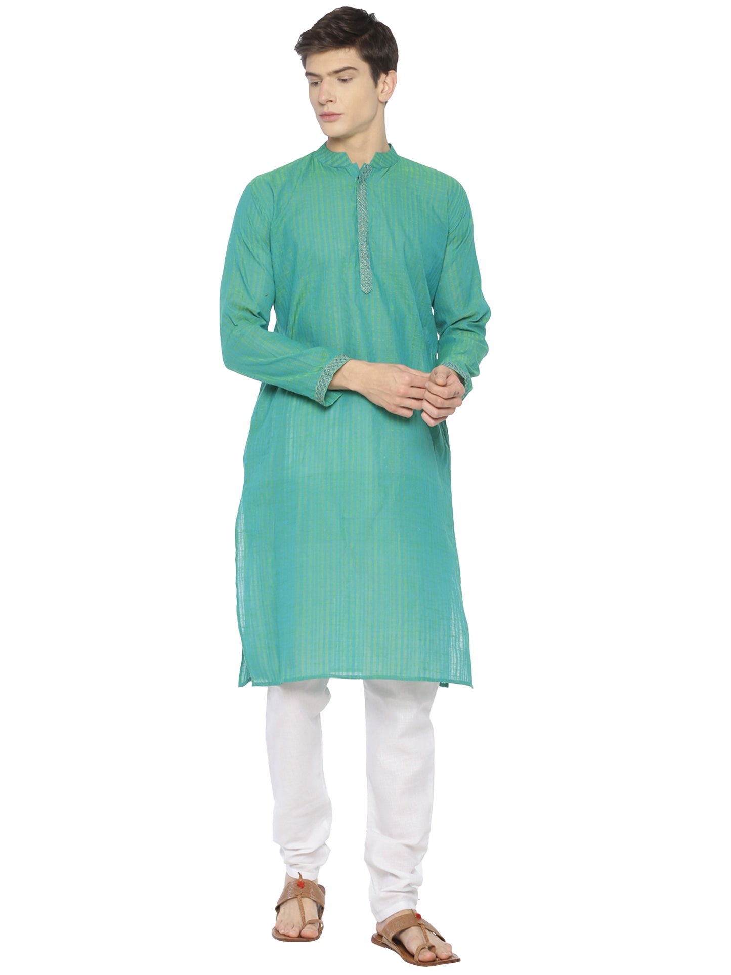 PAROKSH Men Sea Green & Yellow Woven Design Straight Kurta