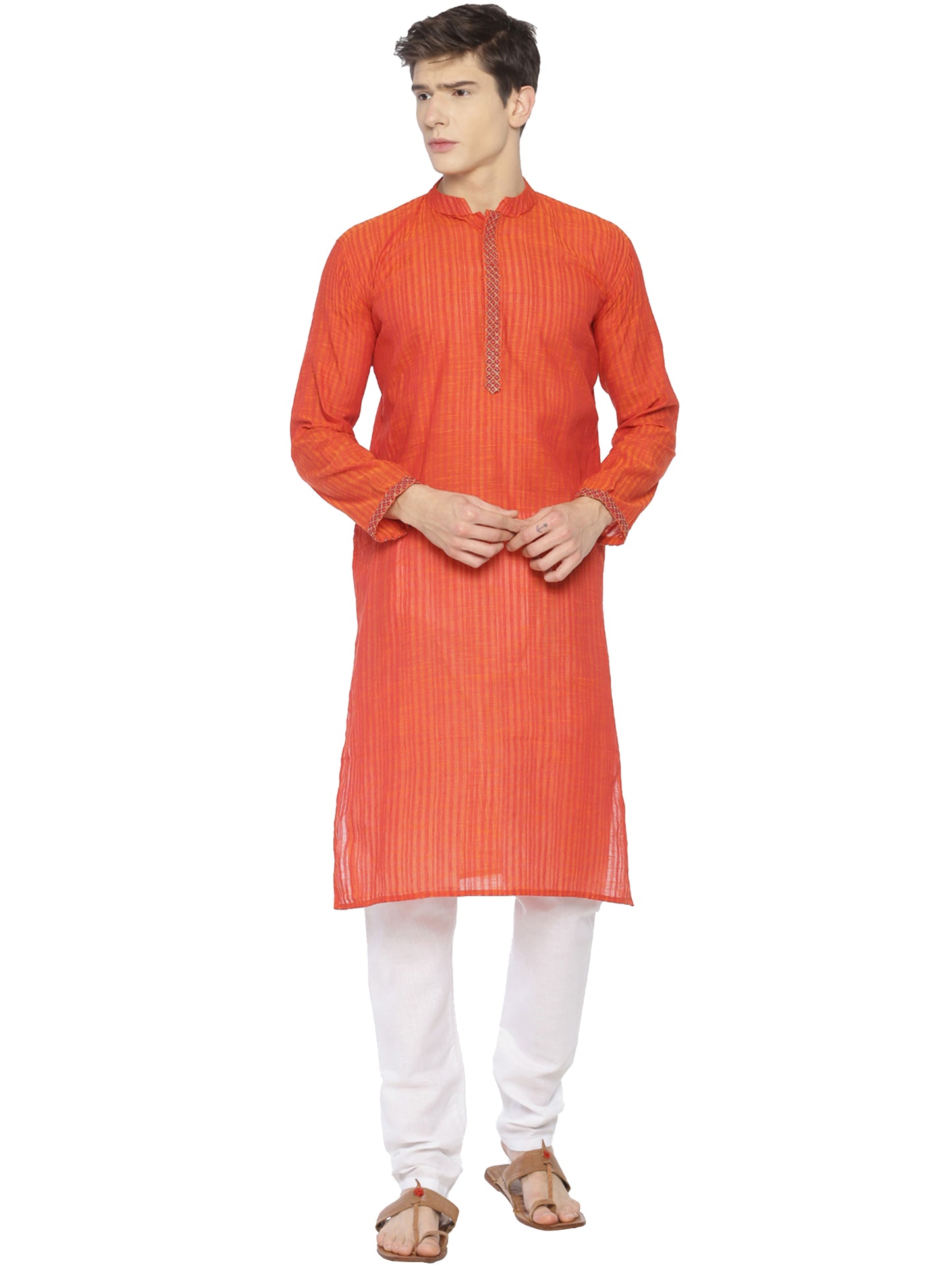 PAROKSH Men Red Striped Long Sleeves Cotton Straight Kurta