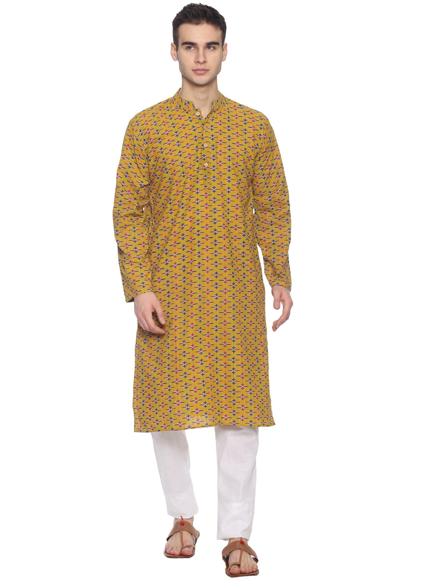 PAROKSH nagari Cotton Mustard geometric print Long Ethnic Kurta