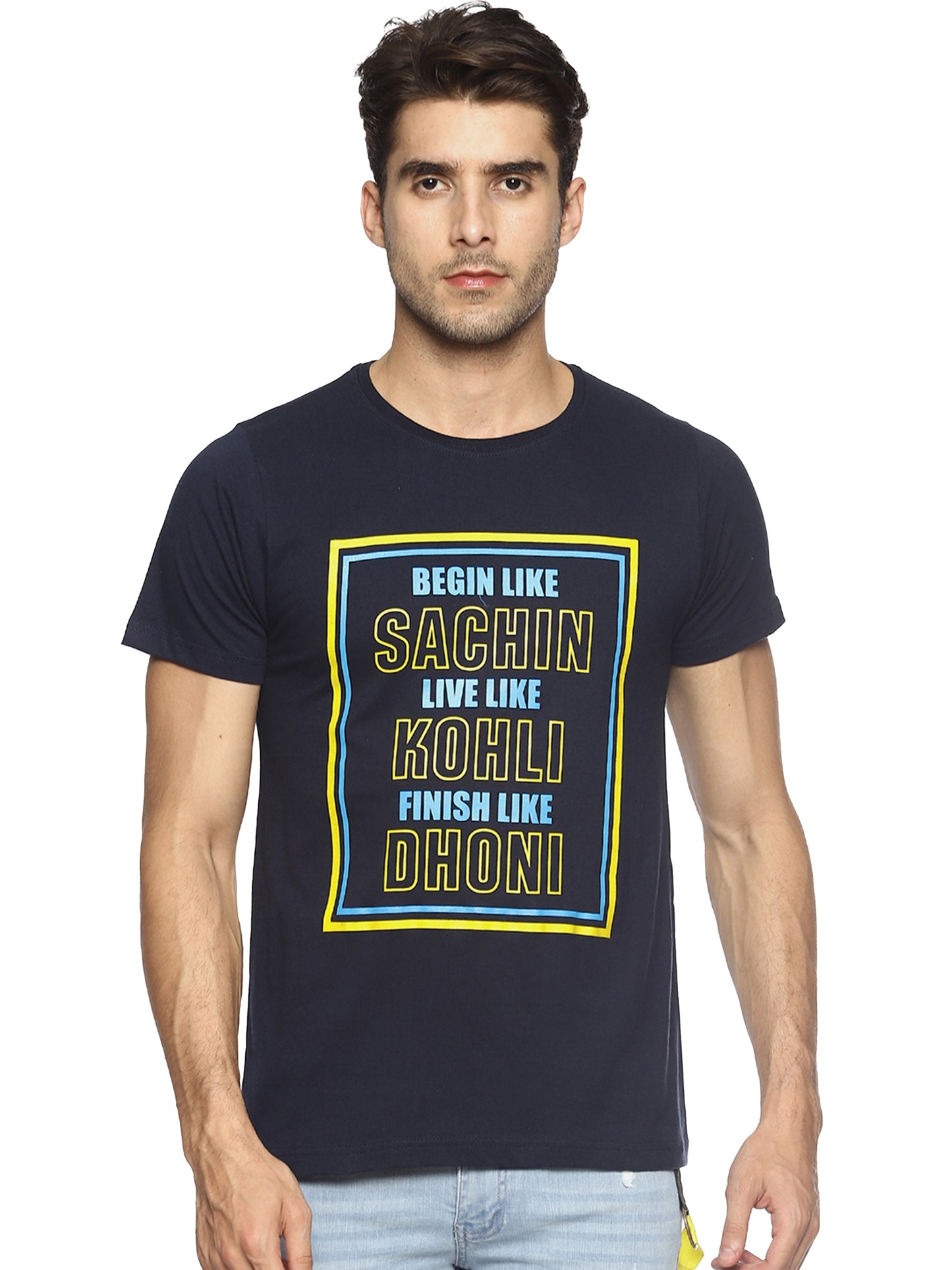 OBOW Navy Blue Printed Quirky Cricket worldcup Round Neck Half Sleeve Cotton Tshirt