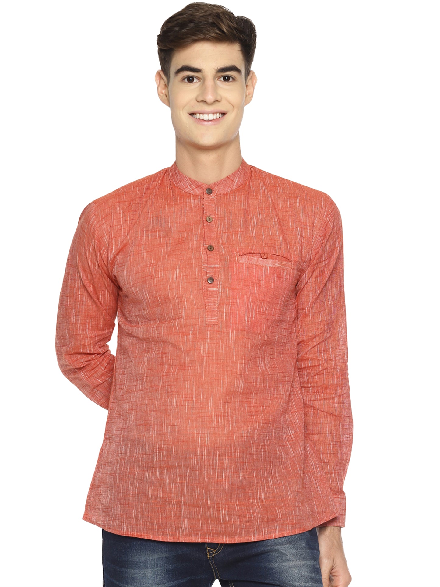 PAROKSH Men's Pink Solid Handloom Cotton Short Kurta