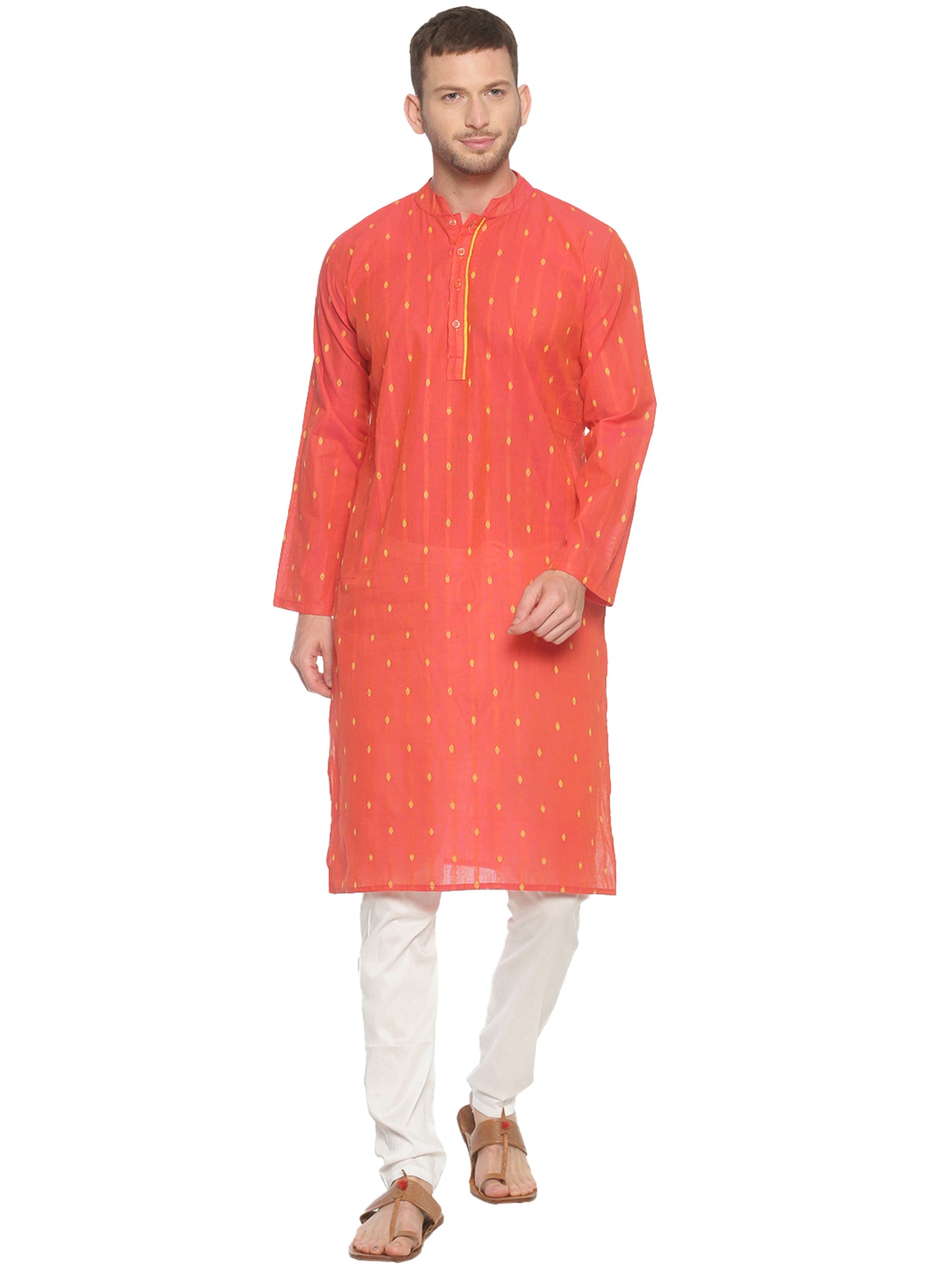 PAROKSH Men Coral Red Butti cotton Straight Kurta