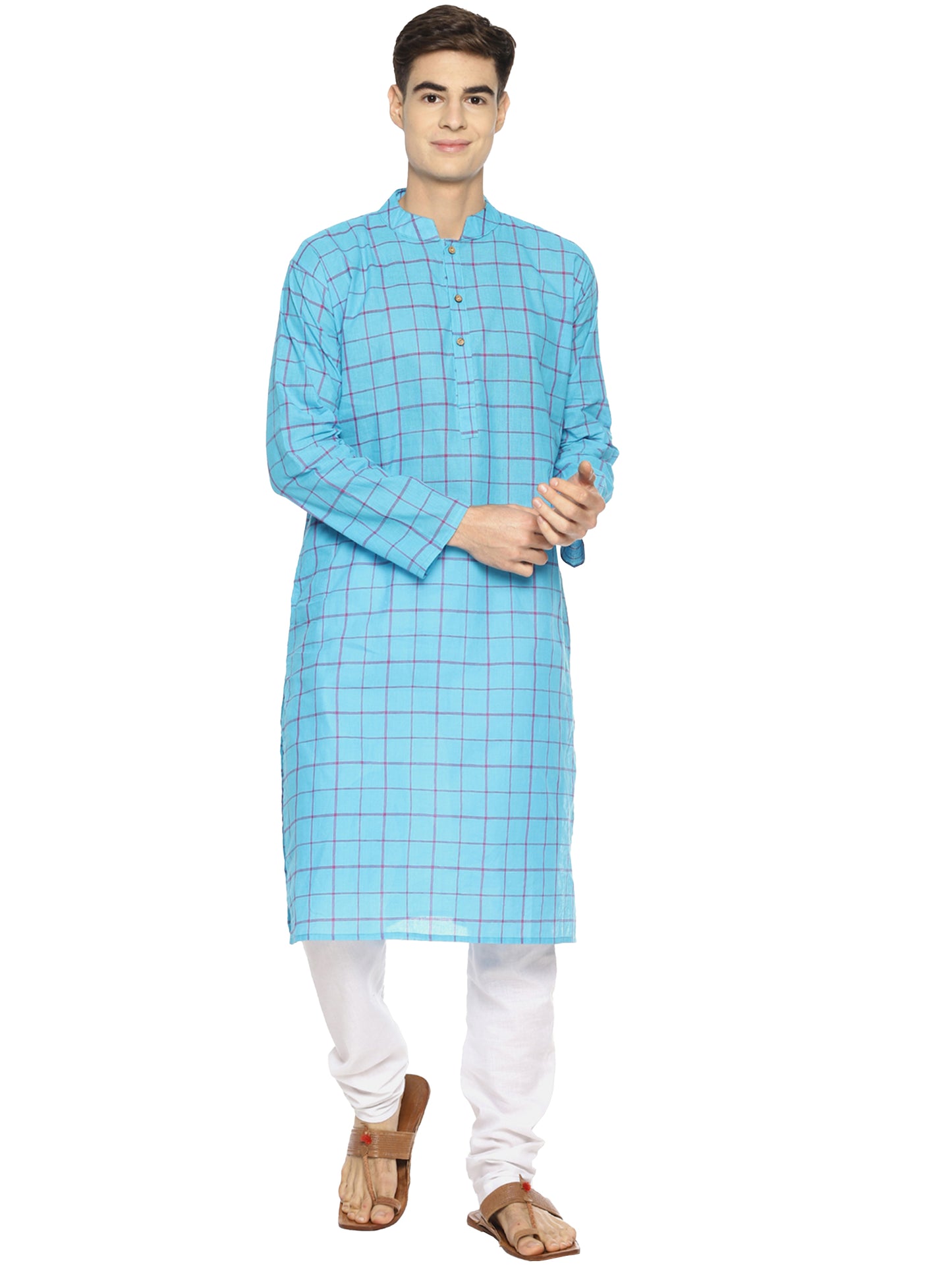 PAROKSH Men Blue Checked Cotton Straight Kurta