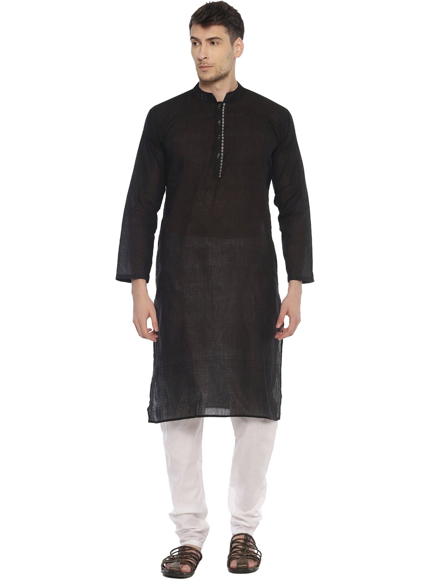 PAROKSH Men Black placket cotton Straight Kurta