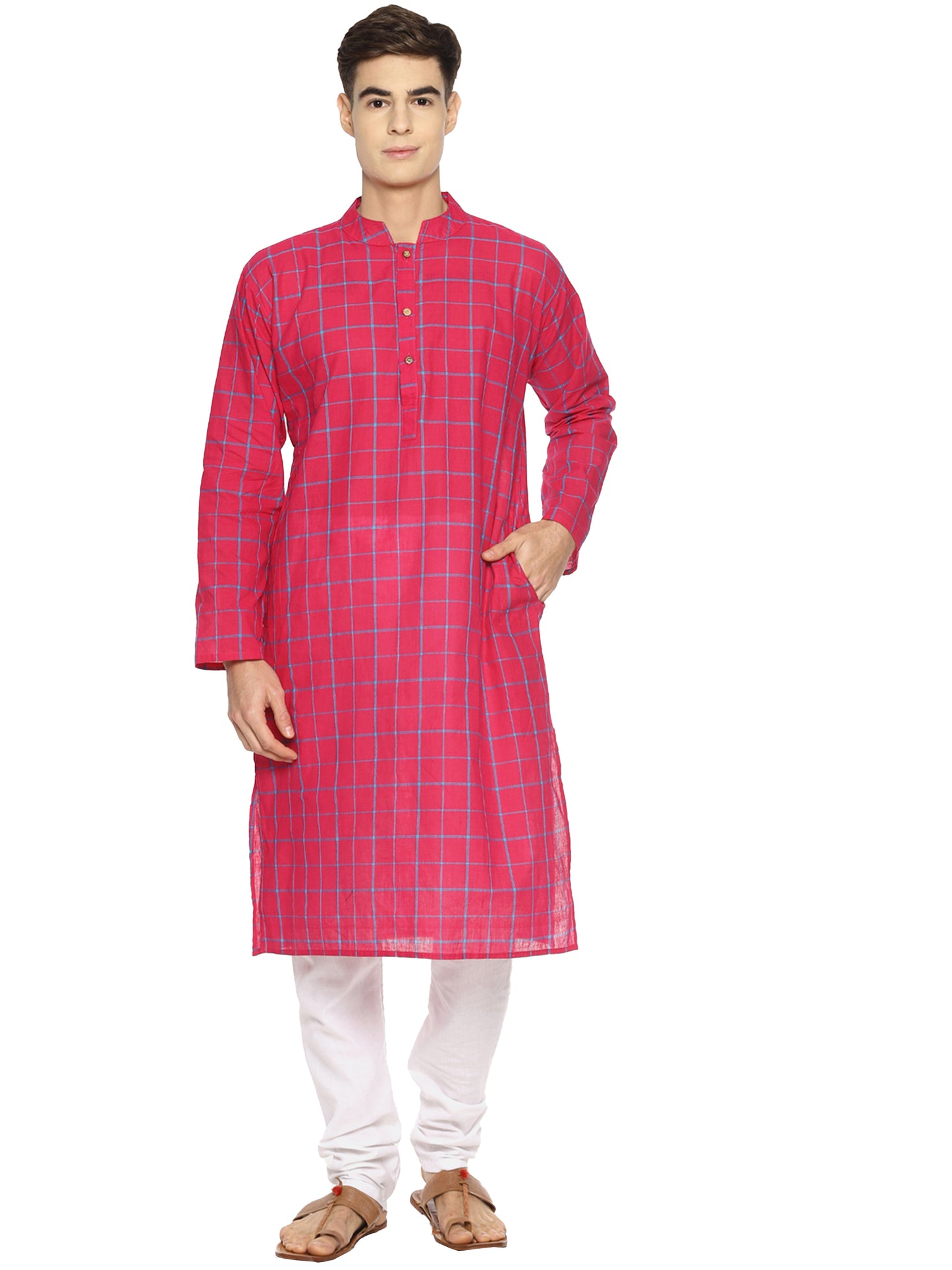 PAROKSH Men Pink Checked Pure Cotton Kurta