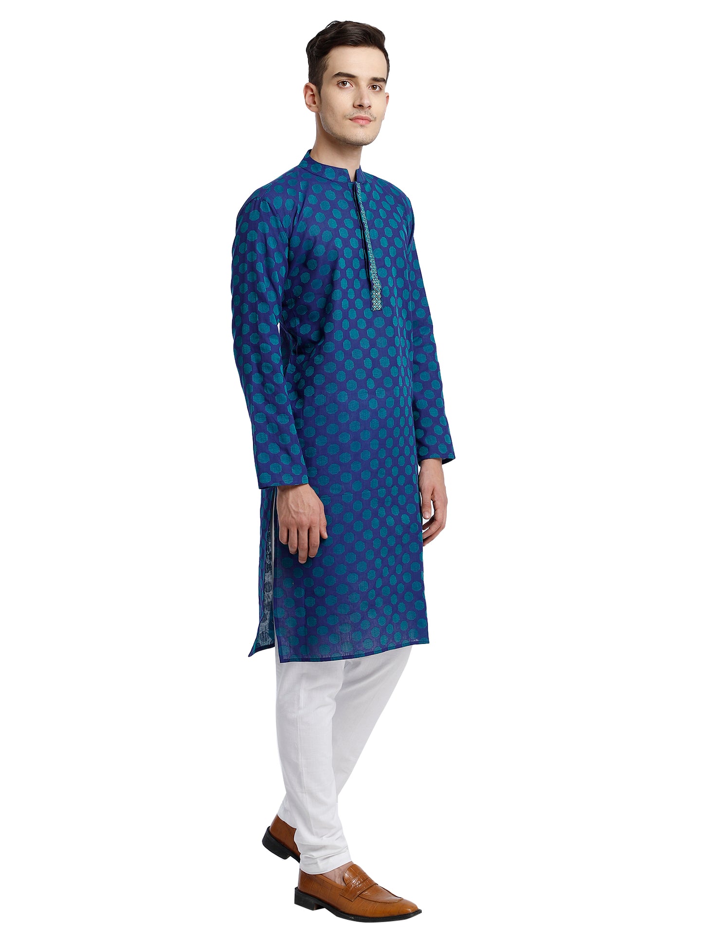 PAROKSH Men Blue & Beige Woven Design Cotton Thread Work Handloom Kurta