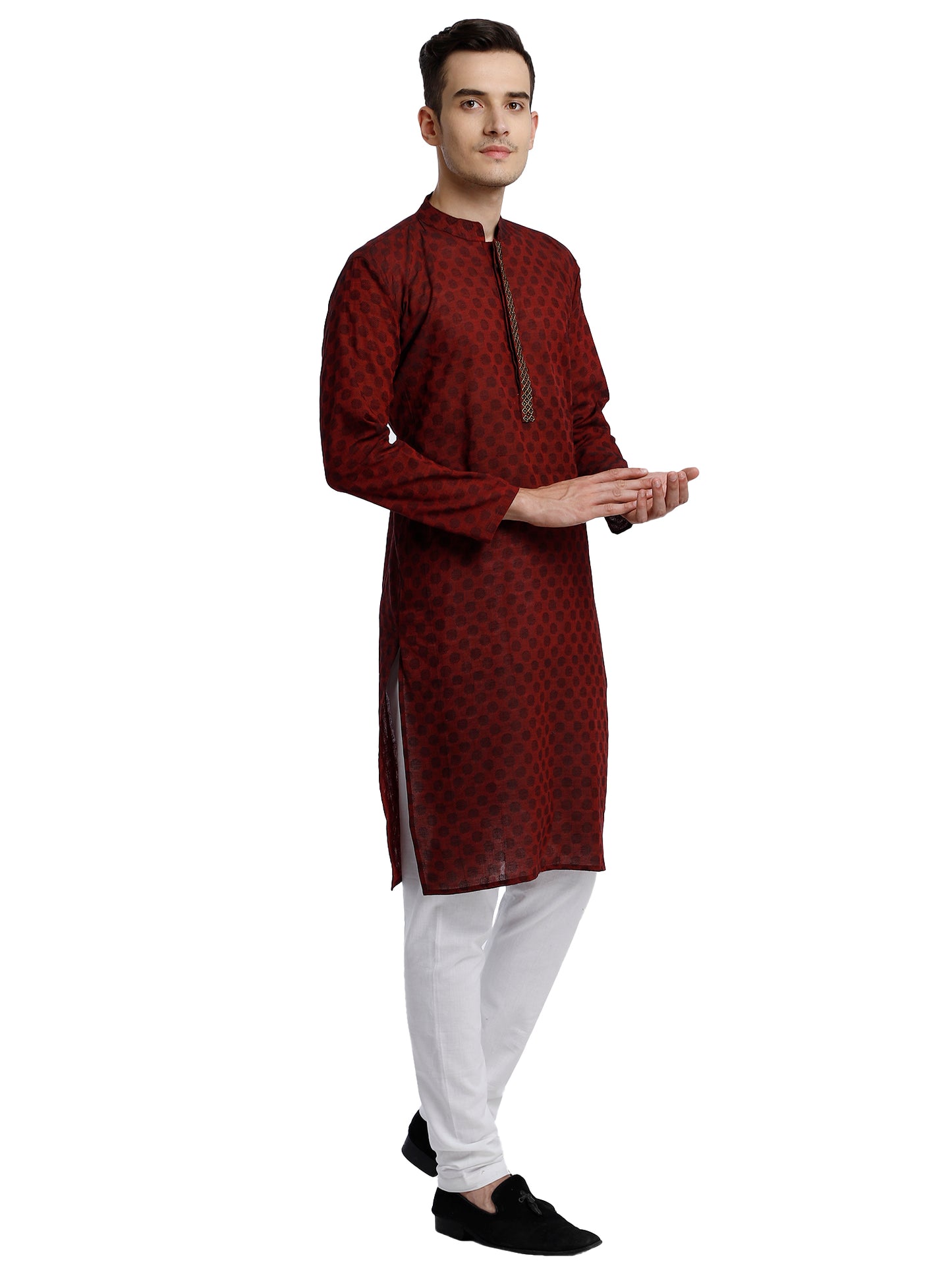 PAROKSH Men Maroon & Beige Woven Design Cotton Thread Work Handloom Kurta