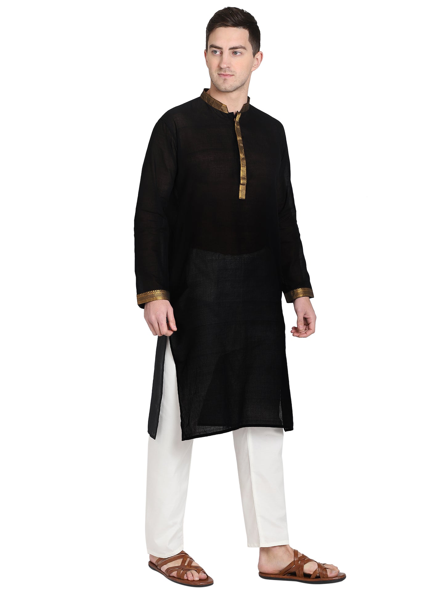 Paroksh Men's Black Self Design Pure Cotton Straight Kurta