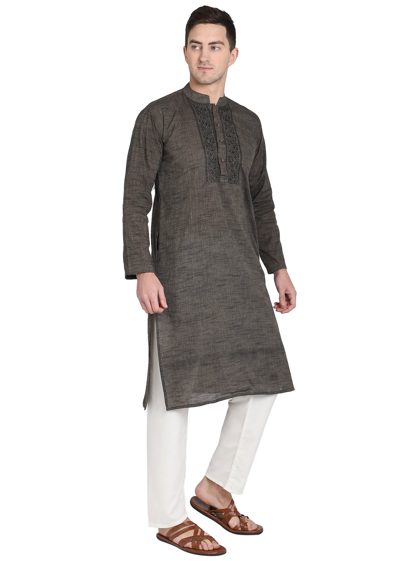 PAROKSH Men's Brown mangalgiri Handloom Cotton Straight Embroidered Long Ethnic Kurta