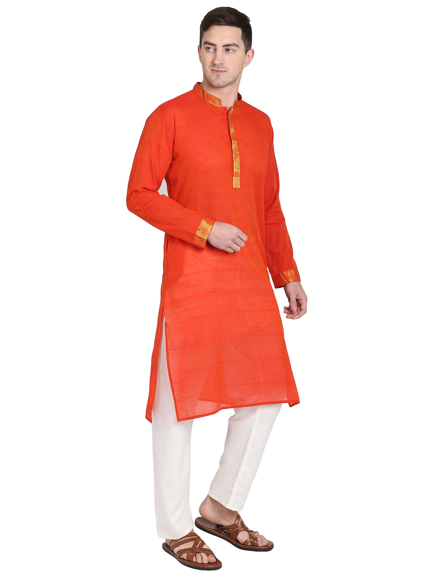PAROKSH Men's Orange Self Design Pure Cotton Straight Kurta