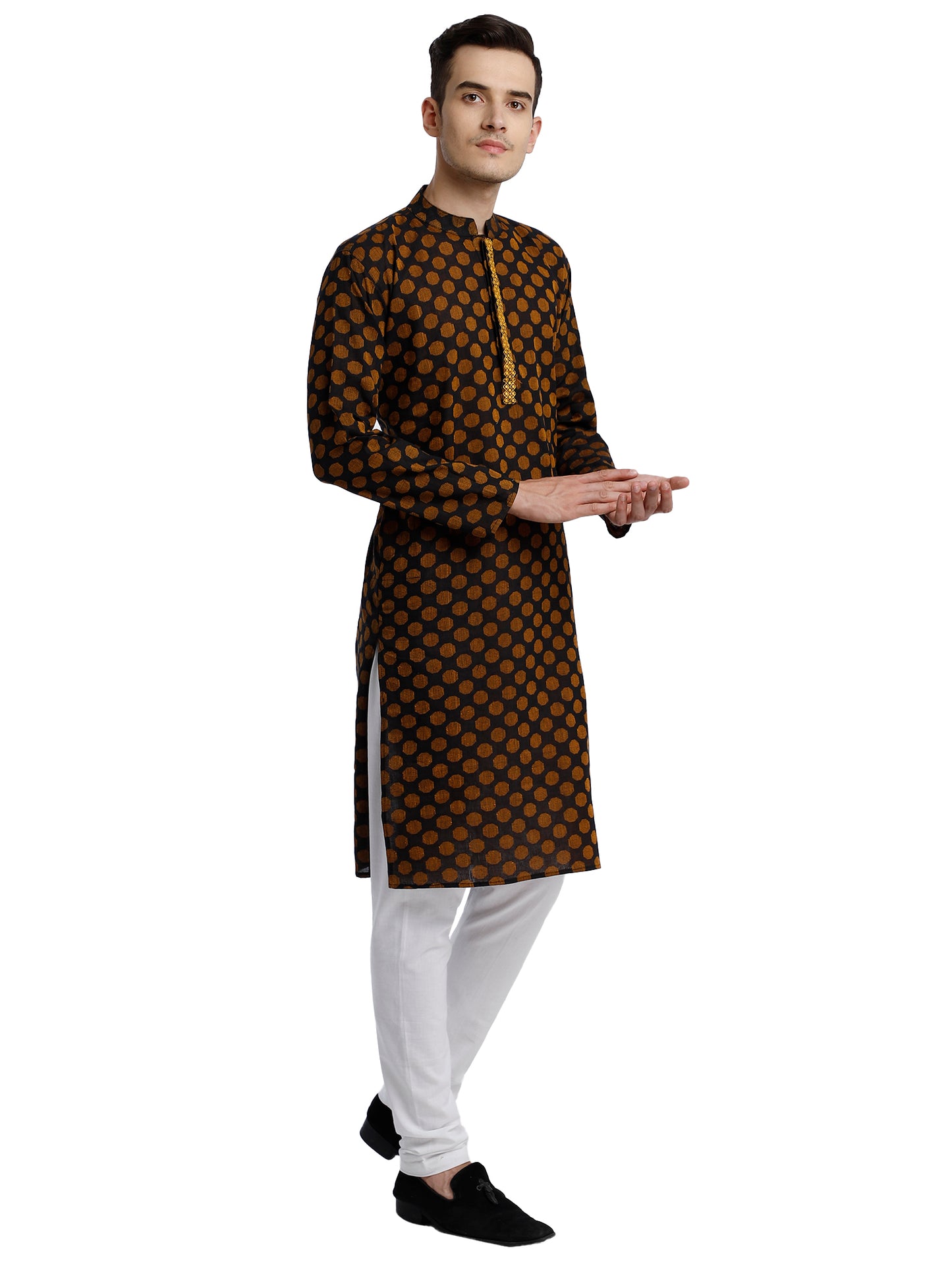 PAROKSH Men Brown & Beige Woven Design Cotton Thread Work Handloom Kurta