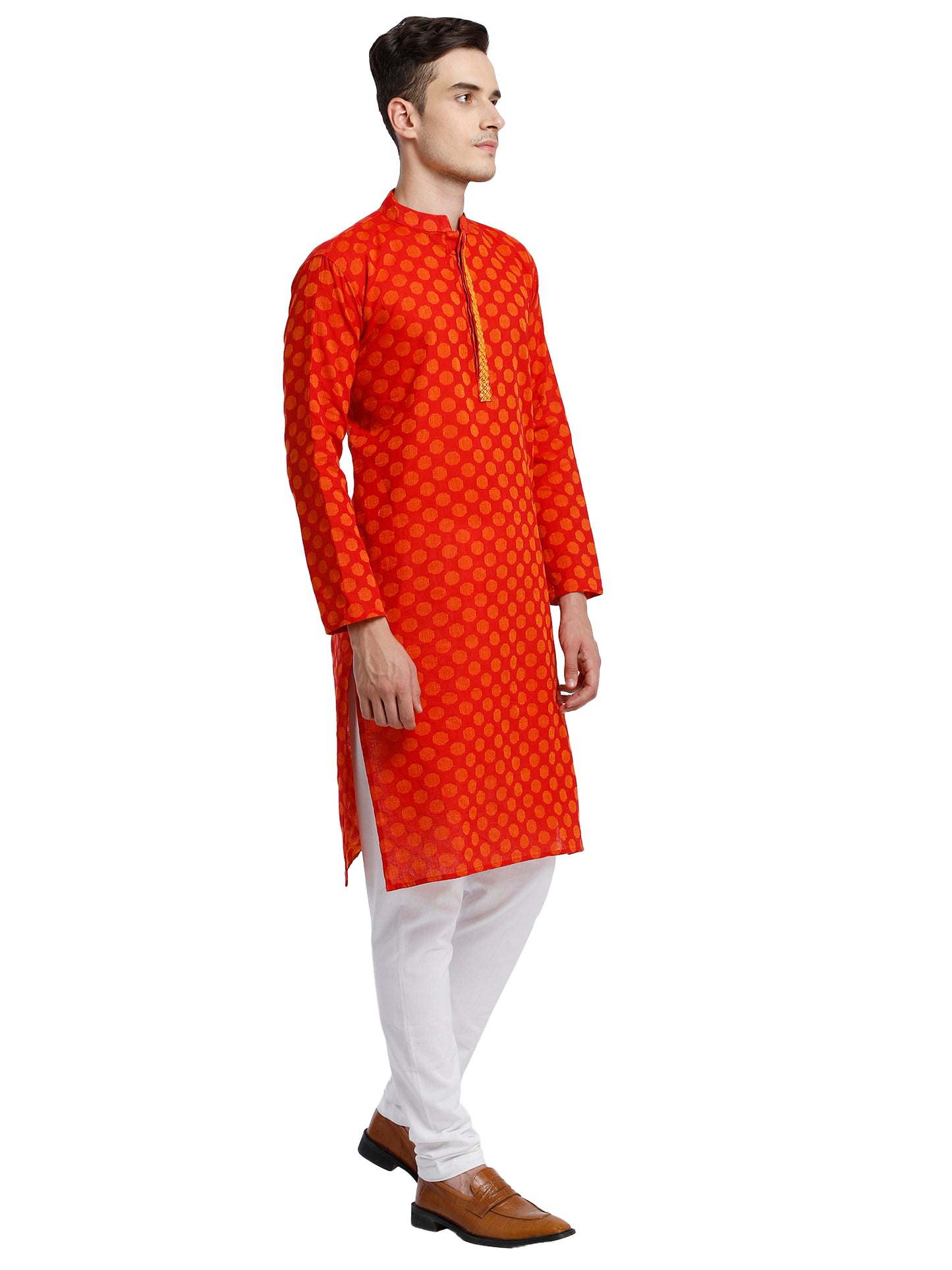 PAROKSH Men Pink & Beige Woven Design Cotton Thread Work Handloom Kurta