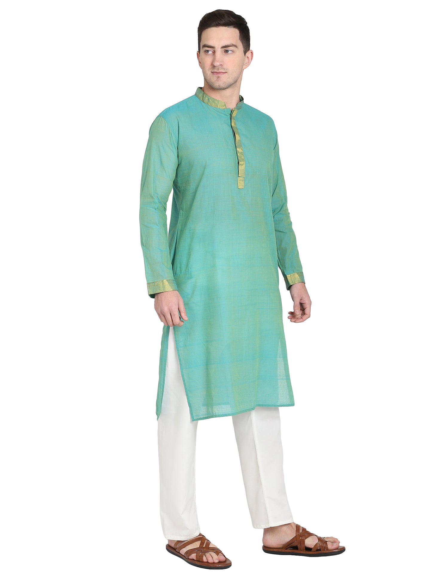 PAROKSH Men's Embroidered Mint Handloom Long Cotton Ethnic Kurta