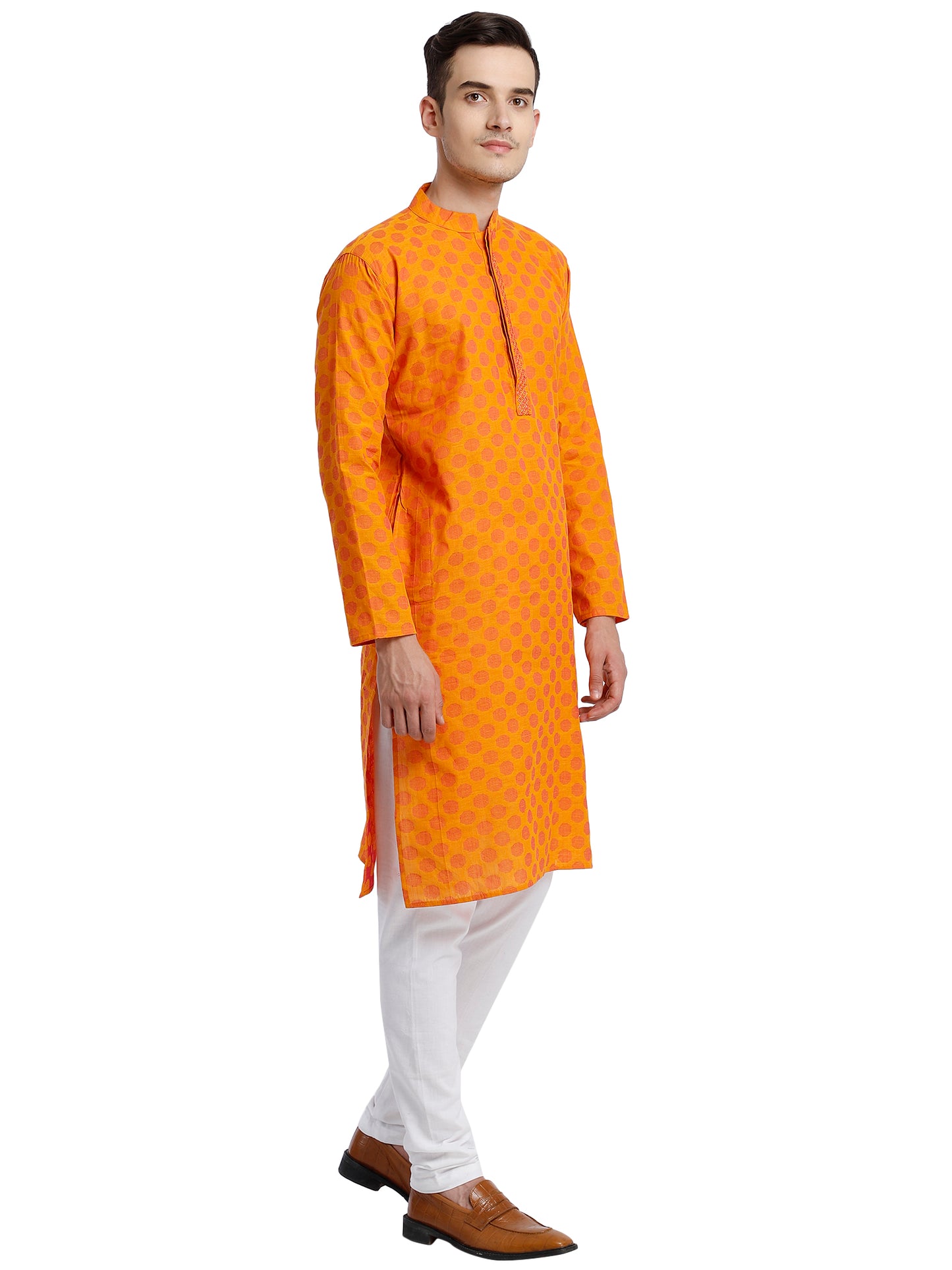 PAROKSH Men Mustard & Beige Woven Design Cotton Thread Work Handloom Kurta