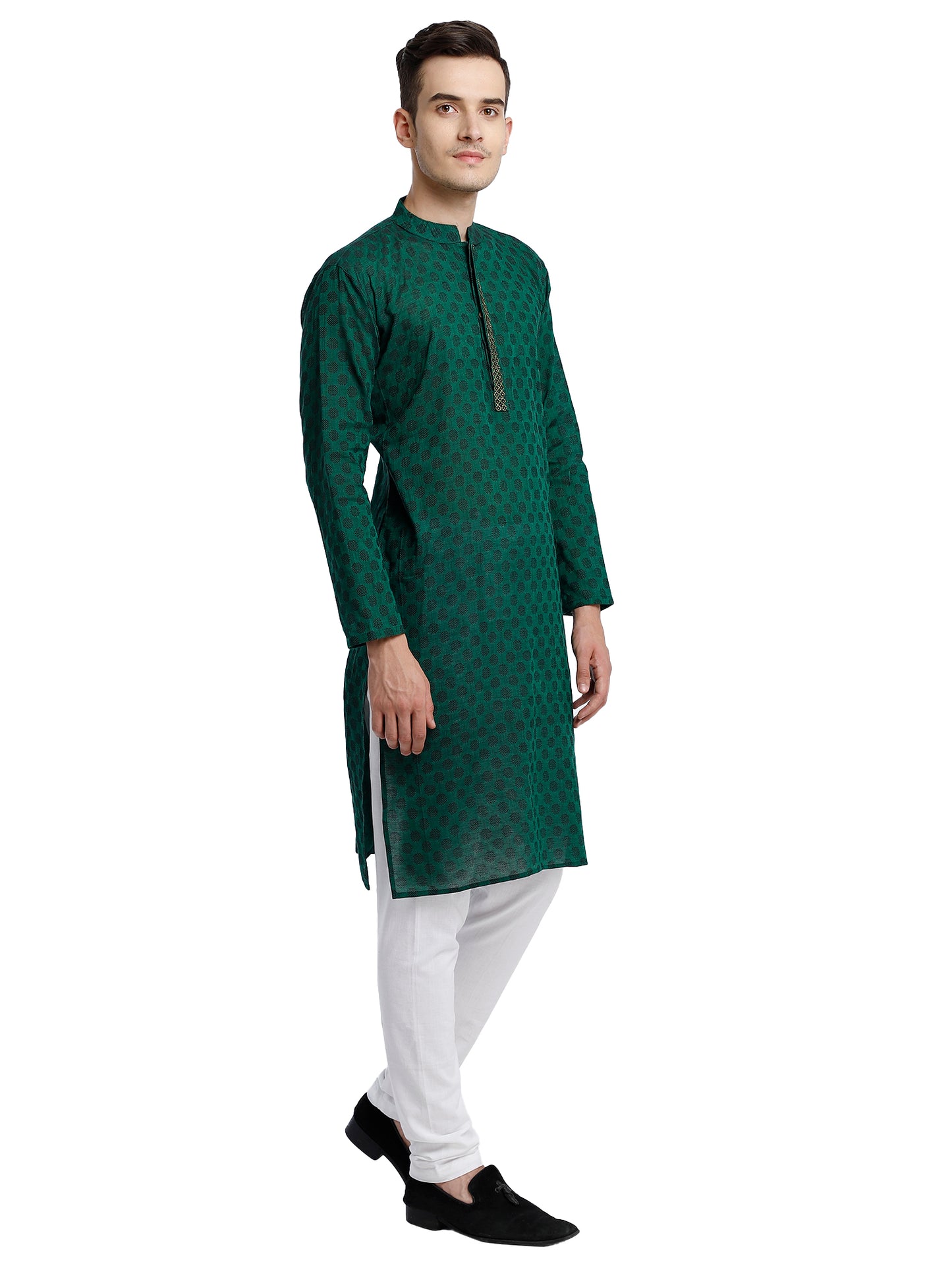 PAROKSH Men Green & Black Woven Design Cotton Thread Work Handloom Kurta