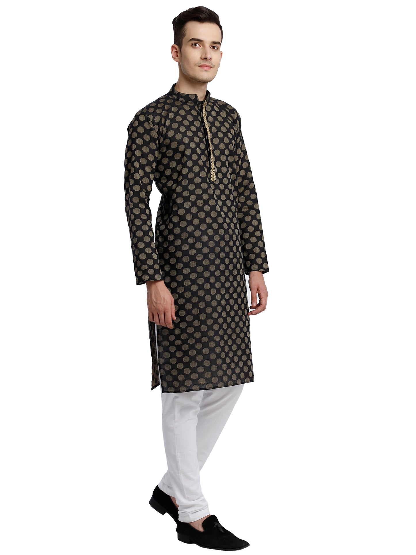 PAROKSH Men Black & Beige Woven Design Cotton Thread Work Handloom Kurta
