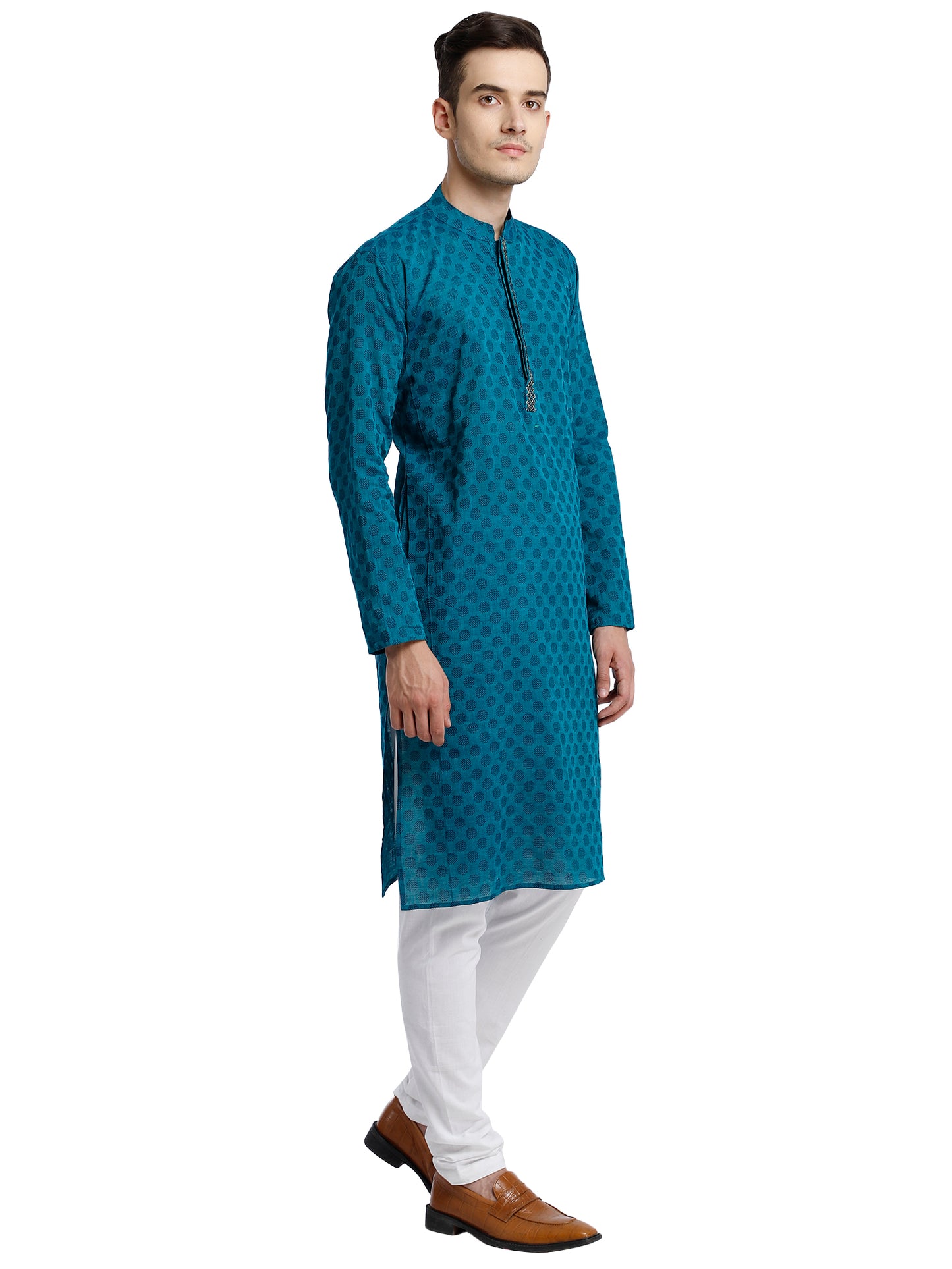 PAROKSH Men Sea Green & Beige Woven Design Cotton Thread Work Handloom Kurta