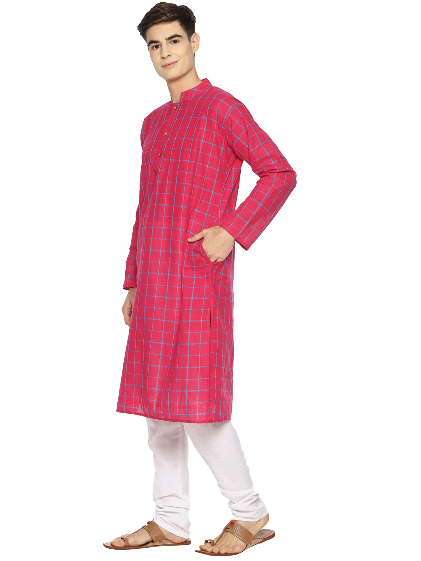 PAROKSH Men Pink Checked Pure Cotton Kurta