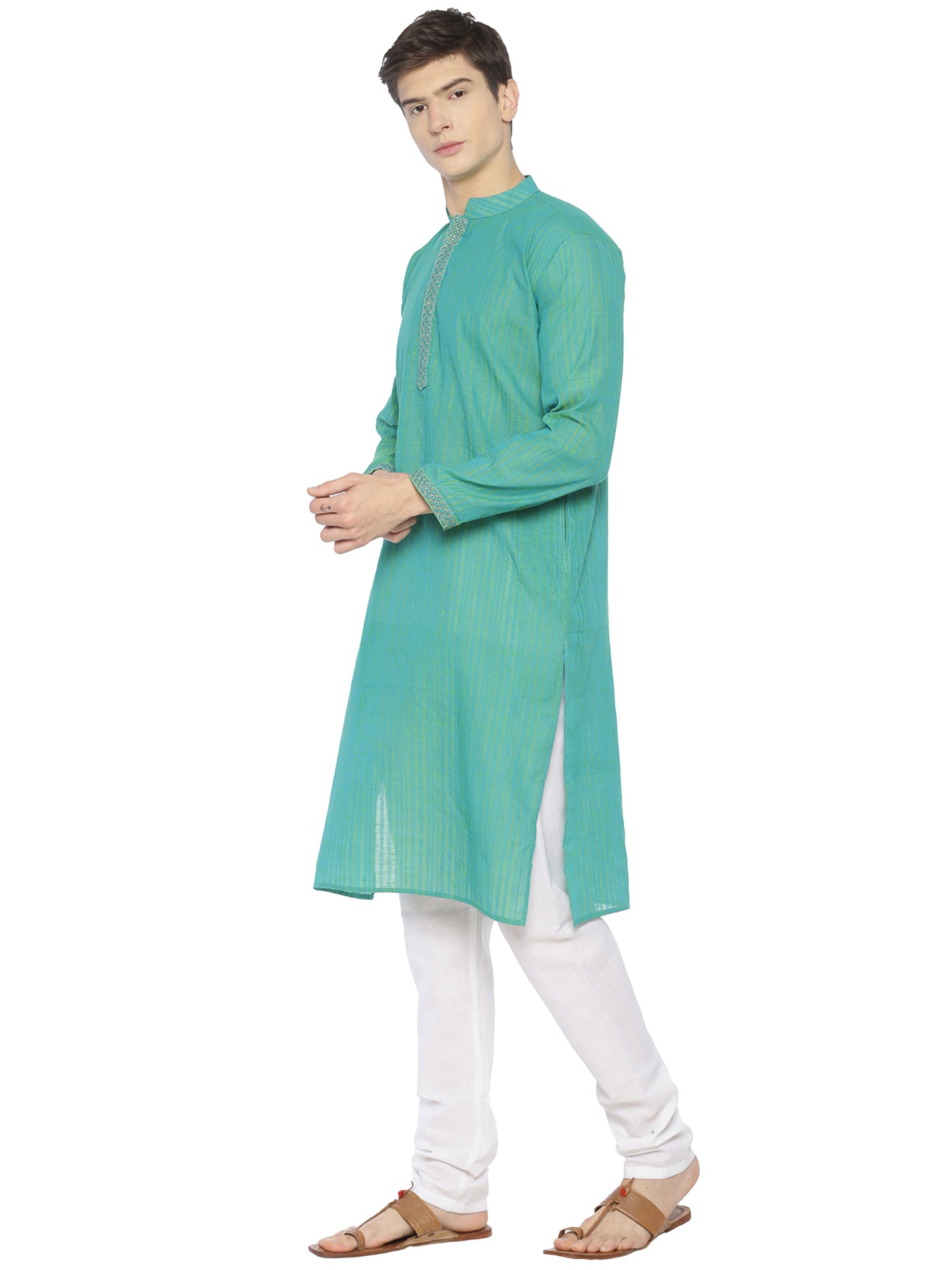 PAROKSH Men Sea Green & Yellow Woven Design Straight Kurta