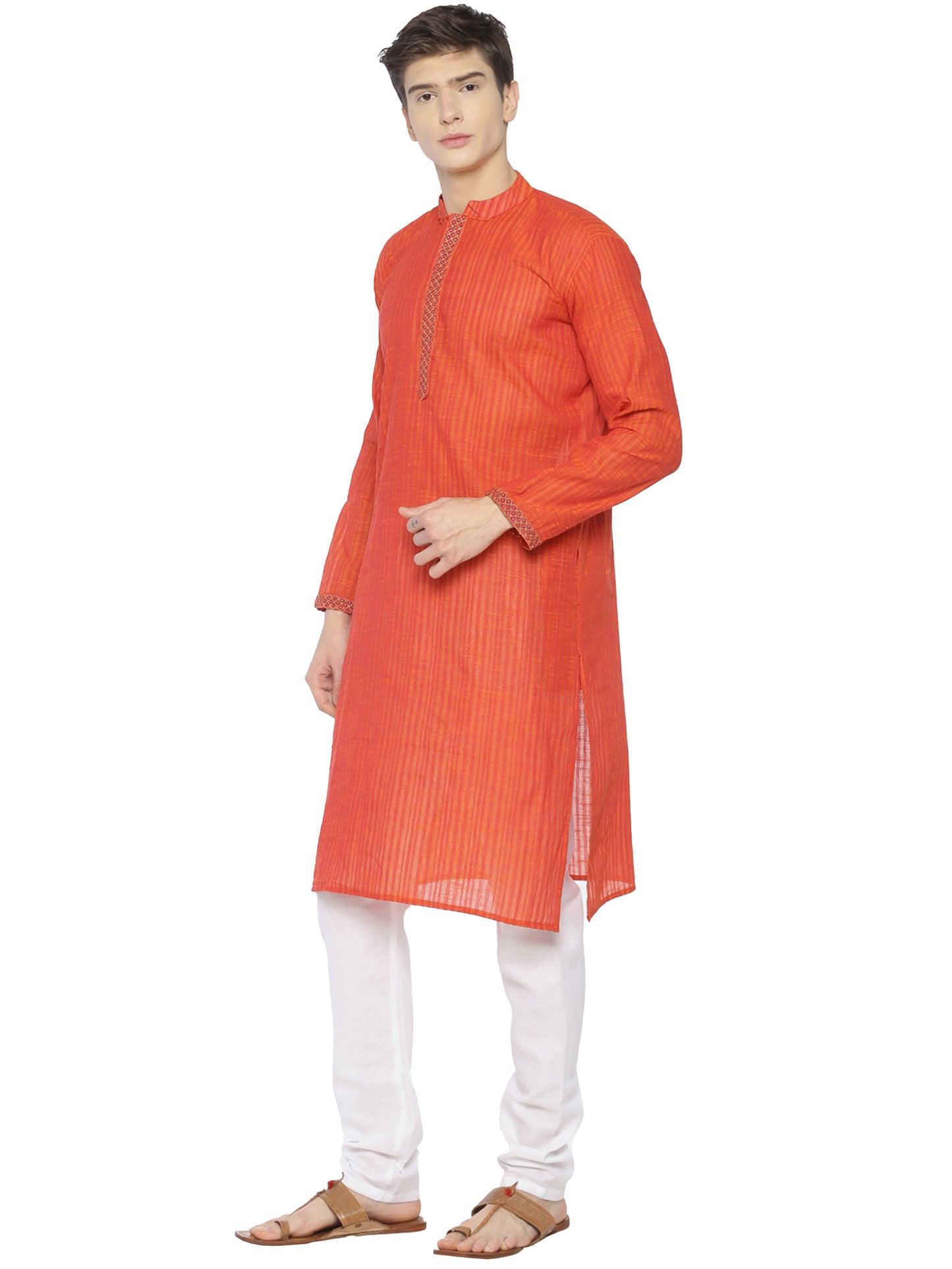 PAROKSH Men Red Striped Long Sleeves Cotton Straight Kurta