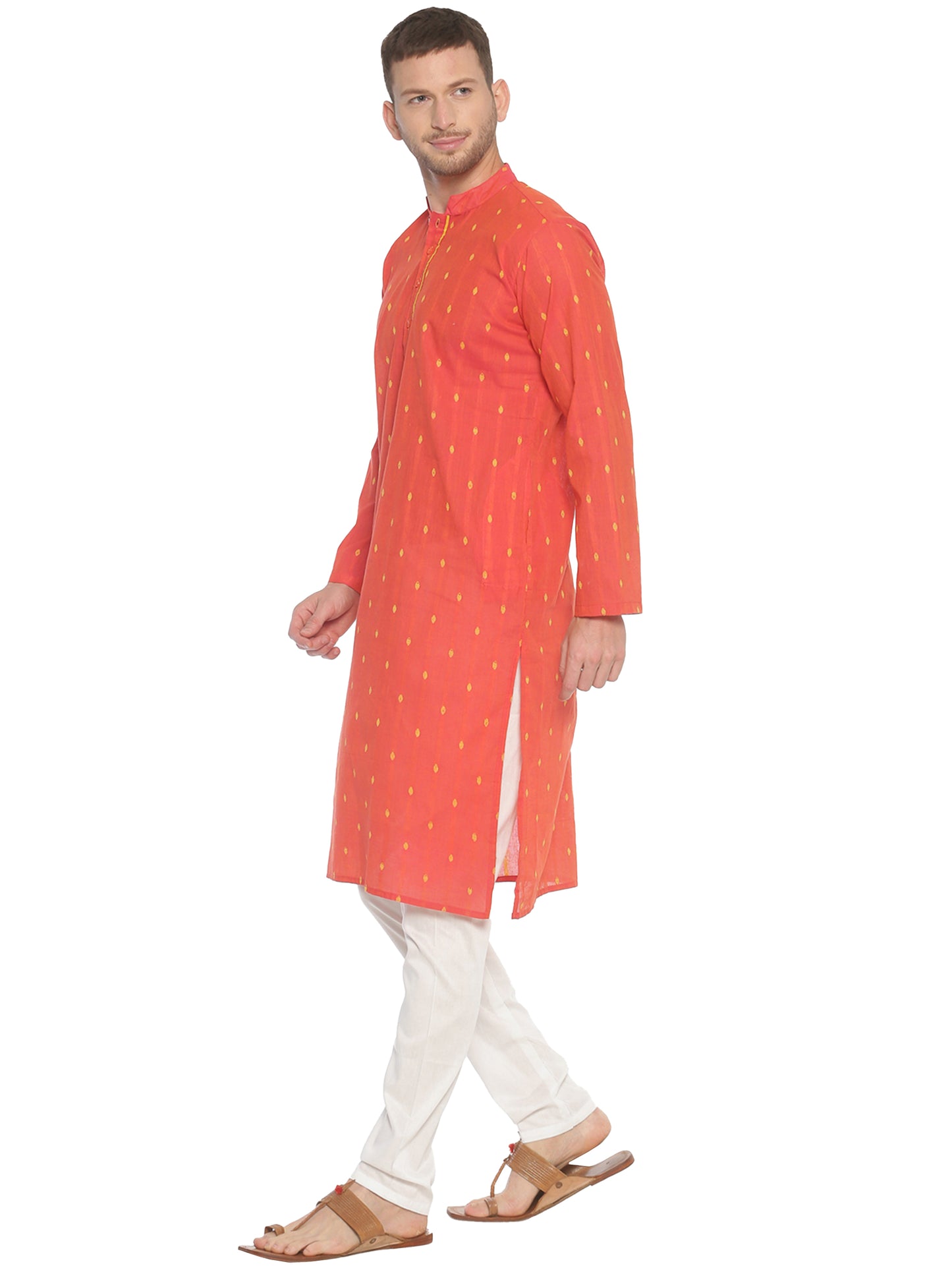 PAROKSH Men Coral Red Butti cotton Straight Kurta