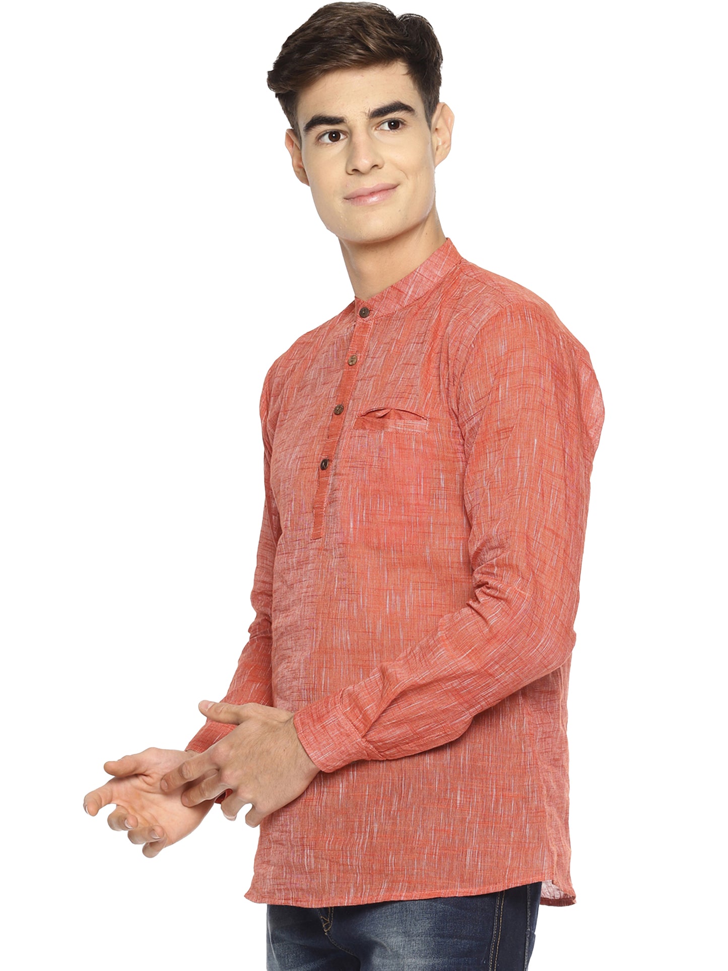 PAROKSH Men's Pink Solid Handloom Cotton Short Kurta