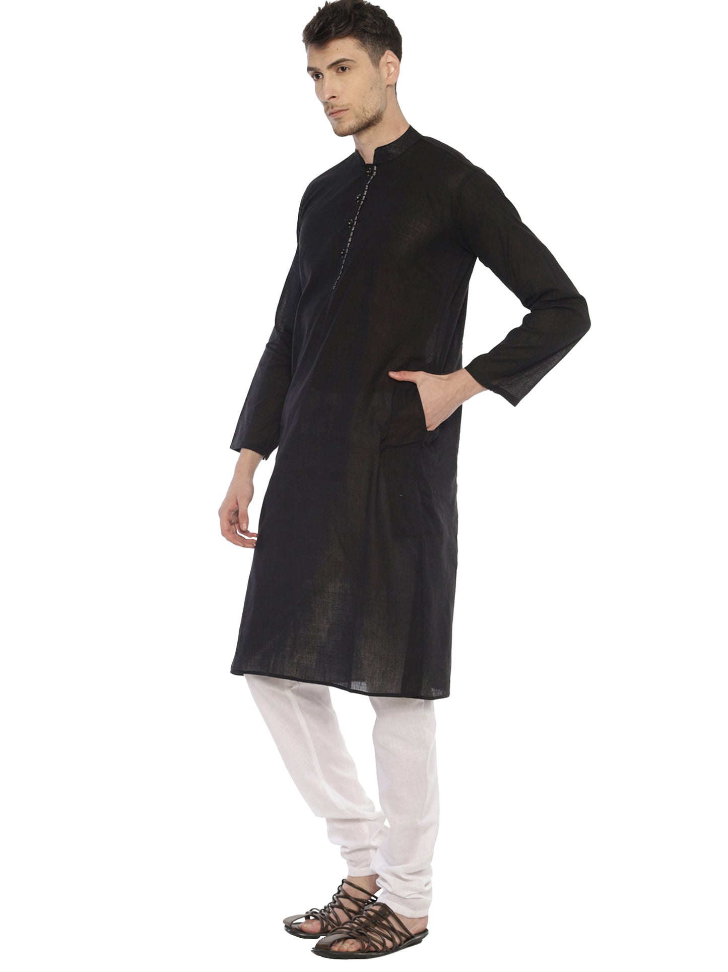 PAROKSH Men Black placket cotton Straight Kurta