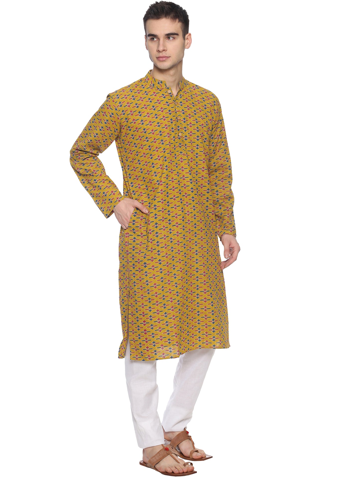 PAROKSH nagari Cotton Mustard geometric print Long Ethnic Kurta