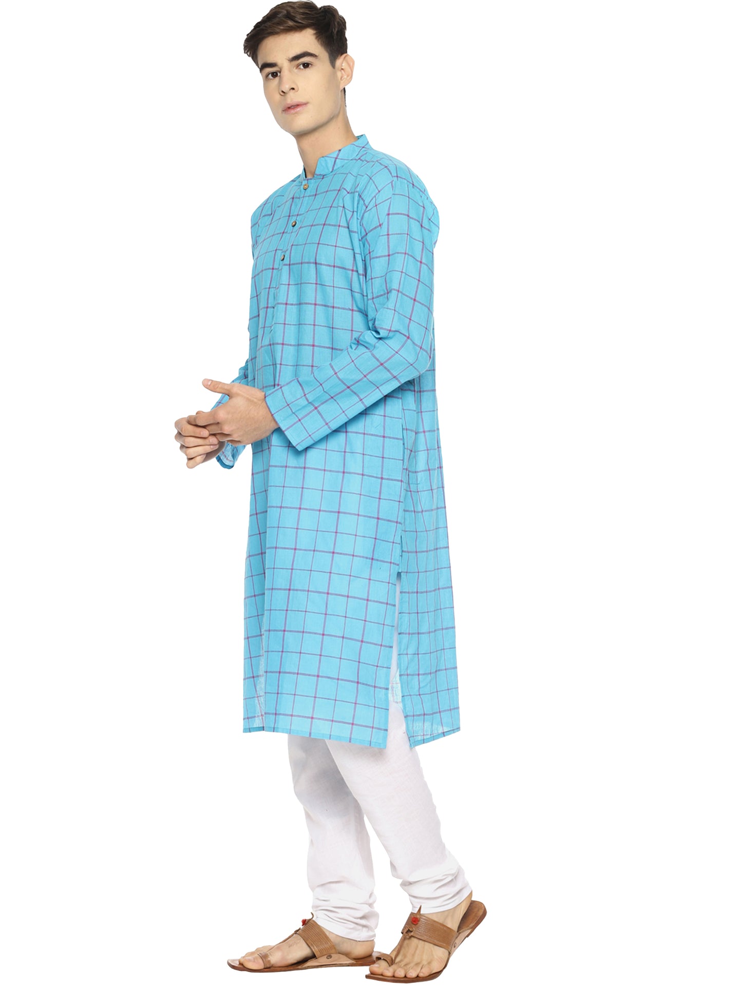 PAROKSH Men Blue Checked Cotton Straight Kurta