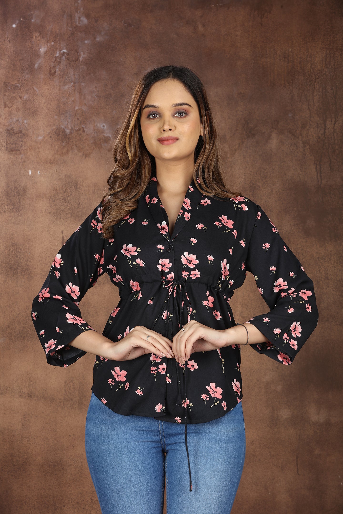 SAHORA Black Floral Shirt Style Empire Top