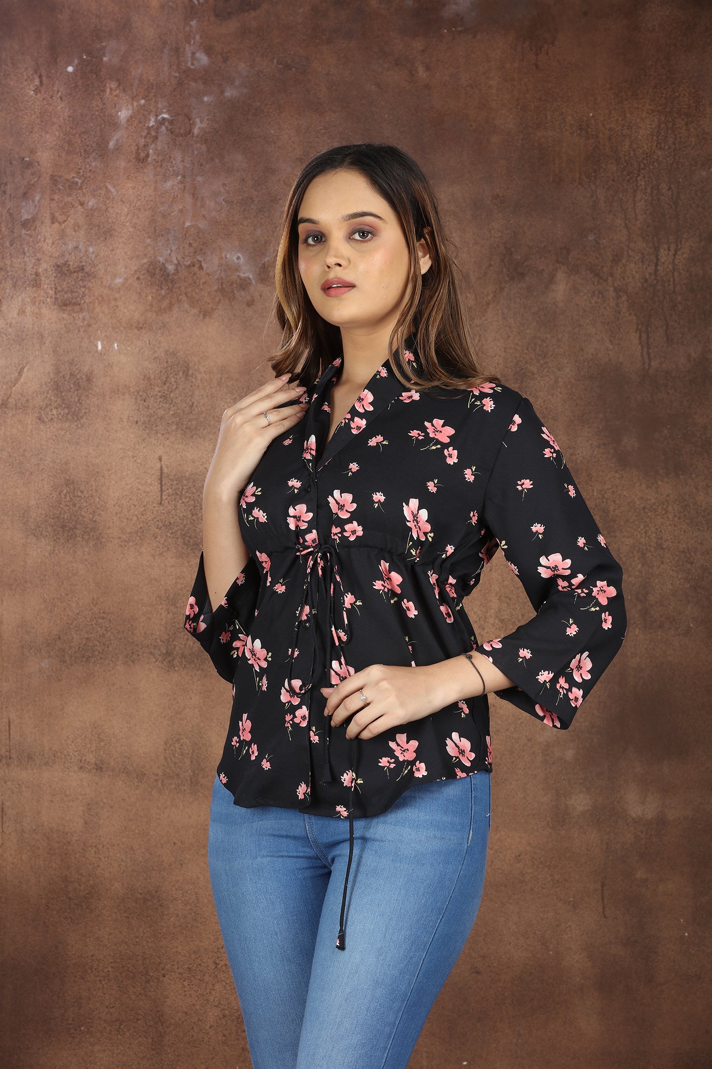 SAHORA Black Floral Shirt Style Empire Top