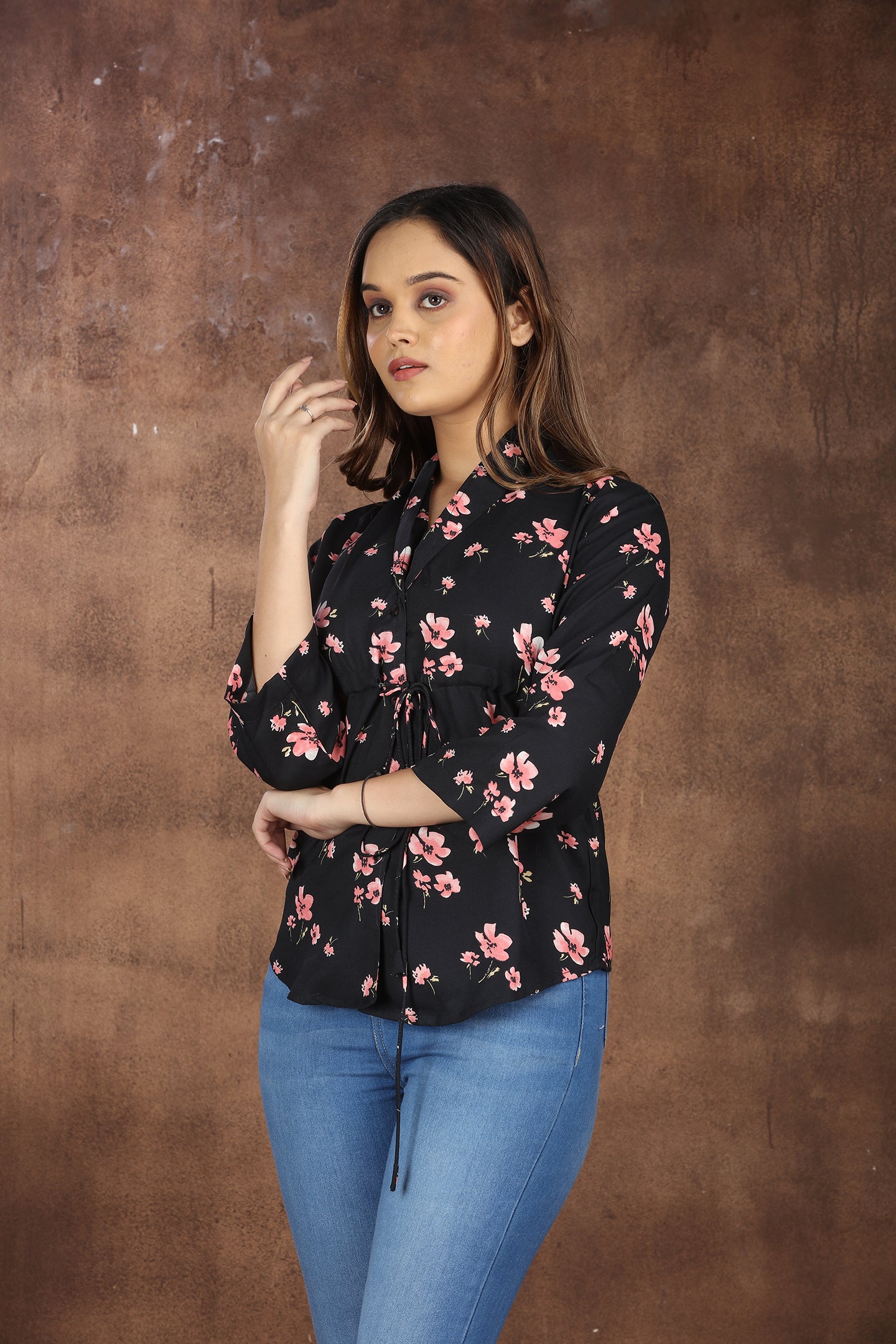 SAHORA Black Floral Shirt Style Empire Top