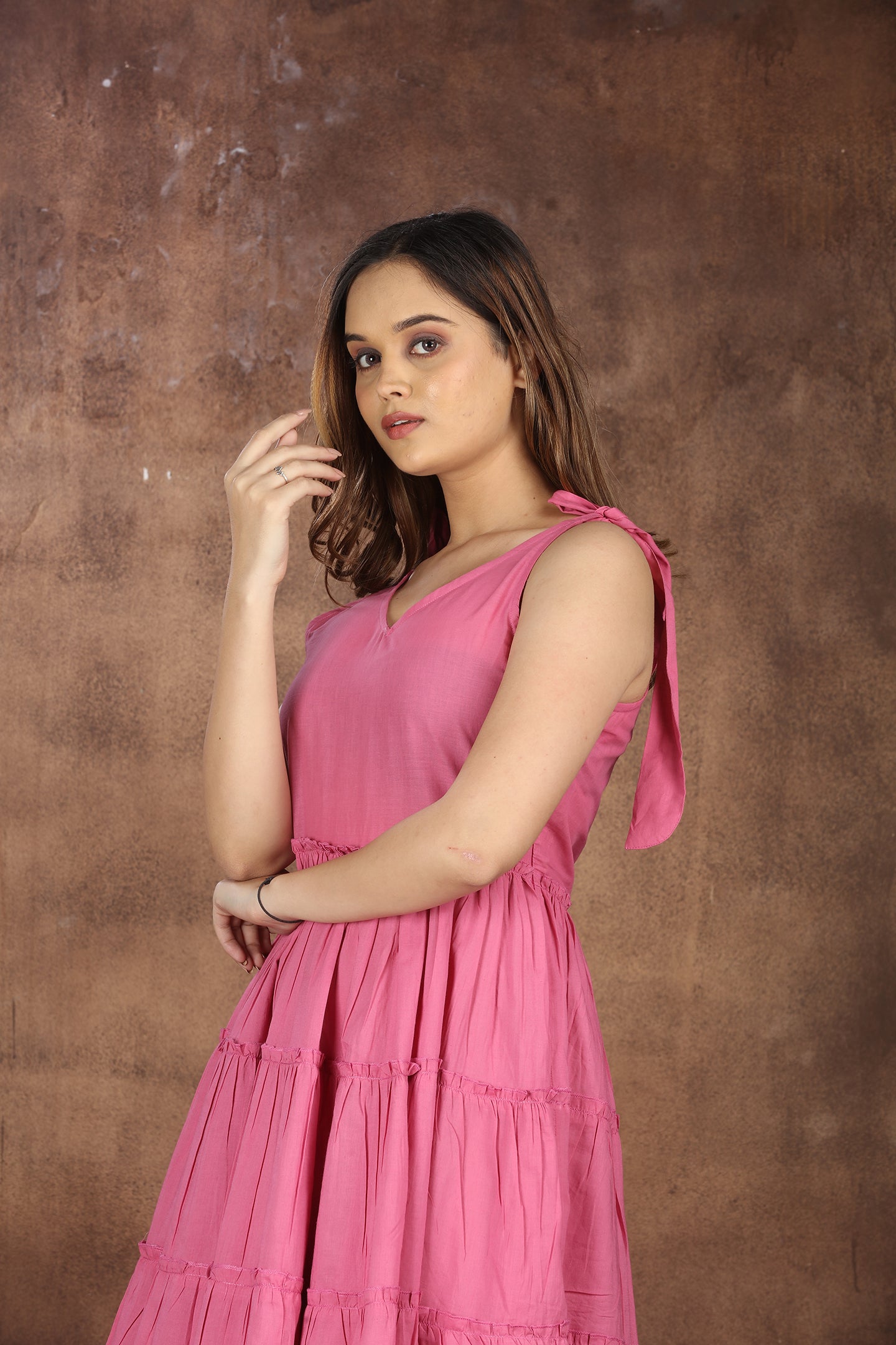 SAHORA Pink Solid Fit & Flare Frill Dress