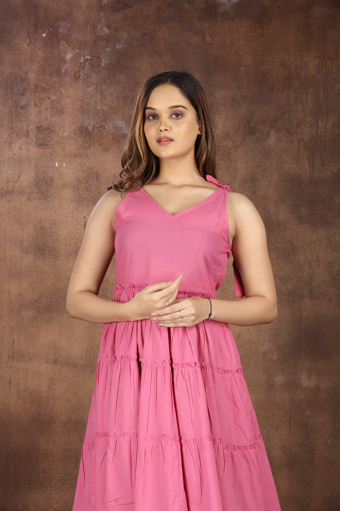 SAHORA Pink Solid Fit & Flare Frill Dress